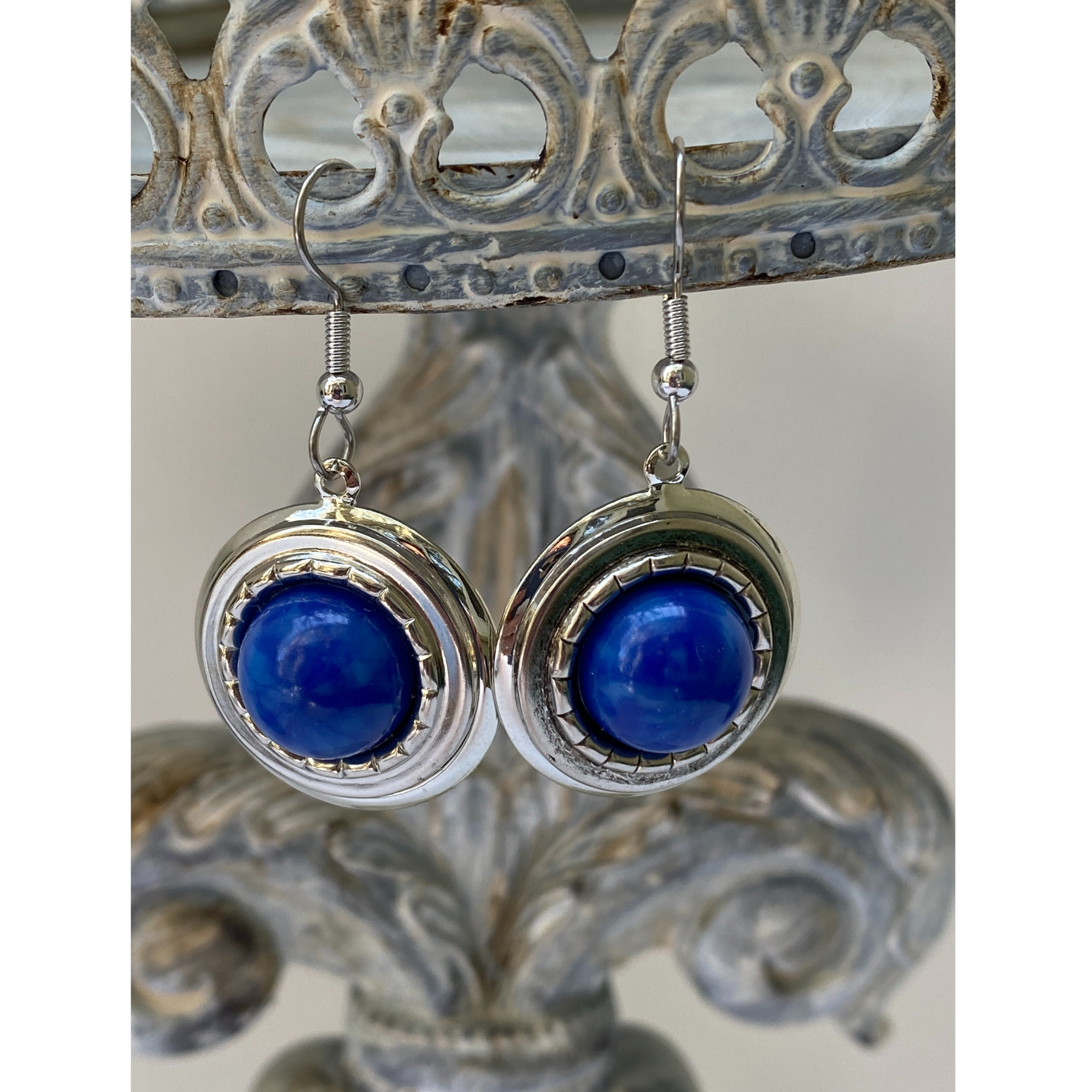 Earring Round Silver | Faux Lapis Blue Cabochon