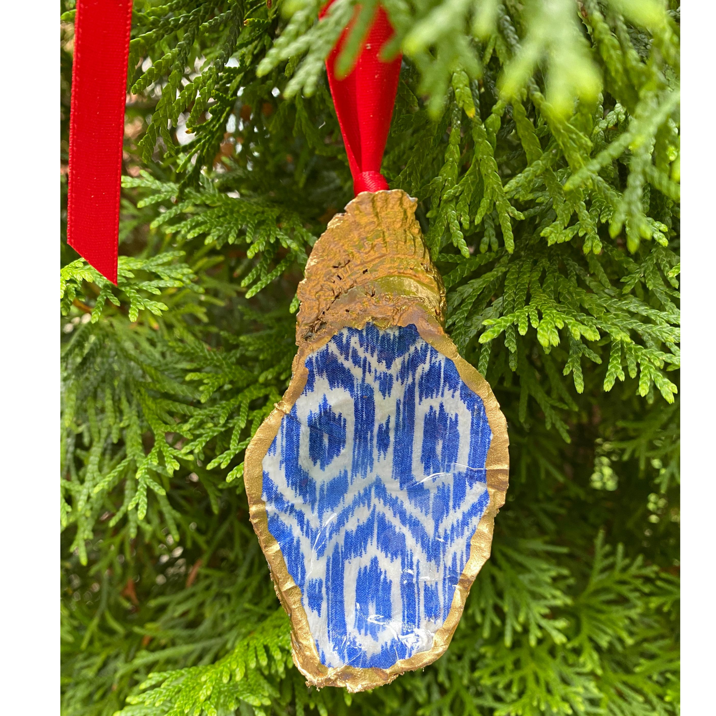 Oyster Shell Blue Ikat Christmas Ornament