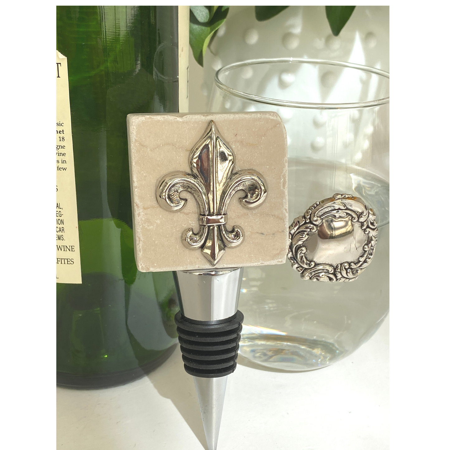 Bottle Stopper Marble,  Silver Fleur De Lis Medallion, Birthday Gift