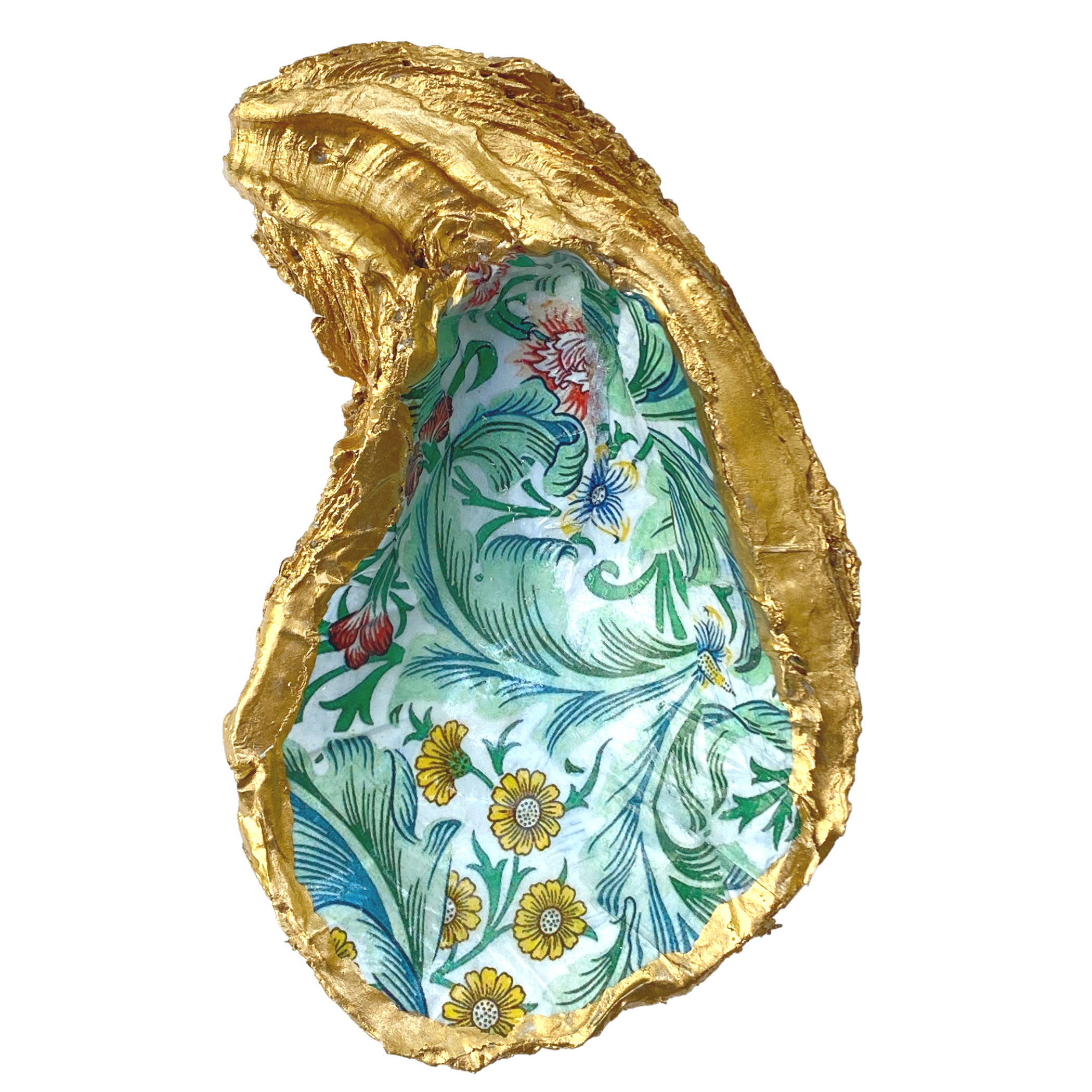 Oyster Shell Art, Vintage William Morris Green with Colorful Flowers, Handcrafted Home Decor