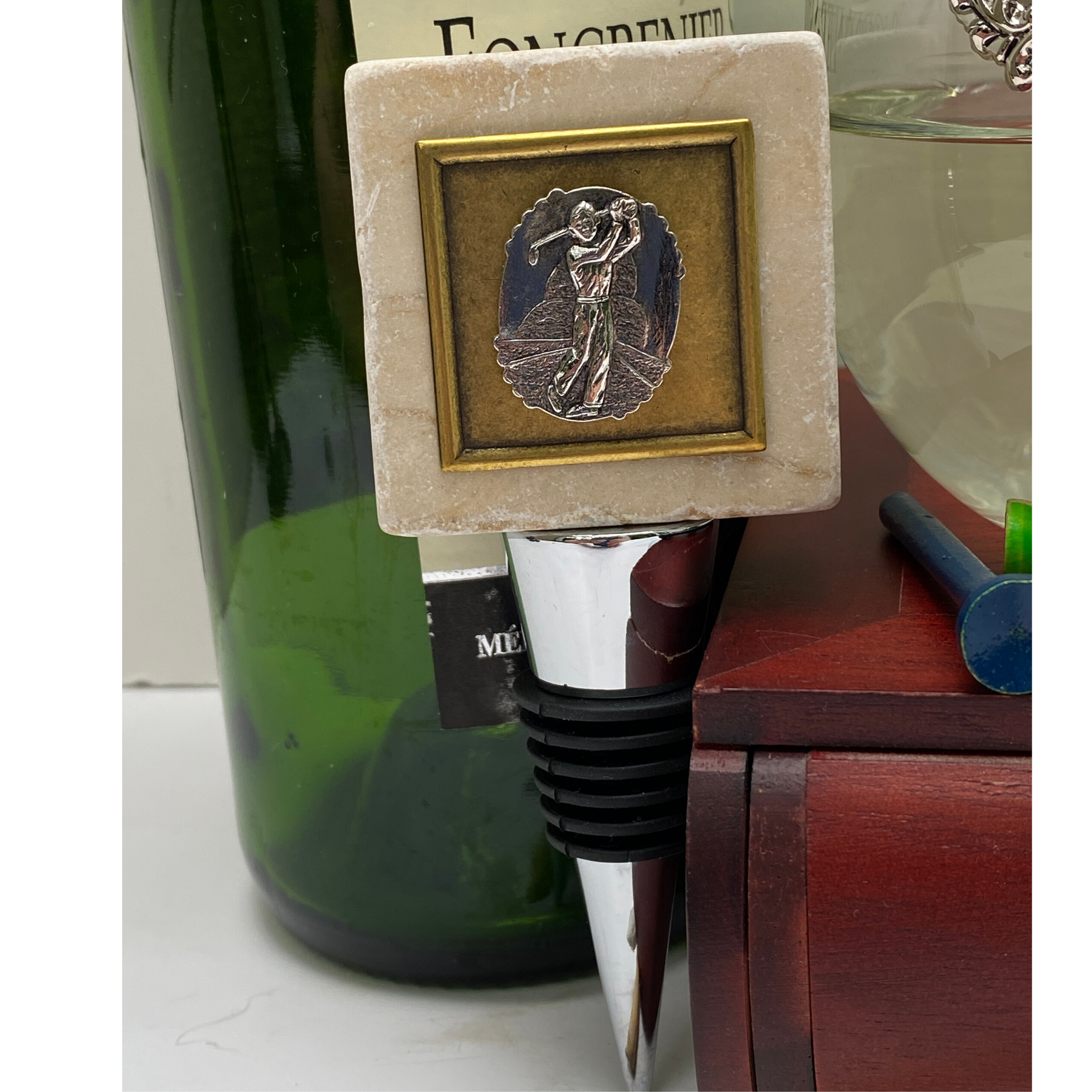 Bottle Stopper, Marble, Silver Golf Medallion, Gift for Golfer