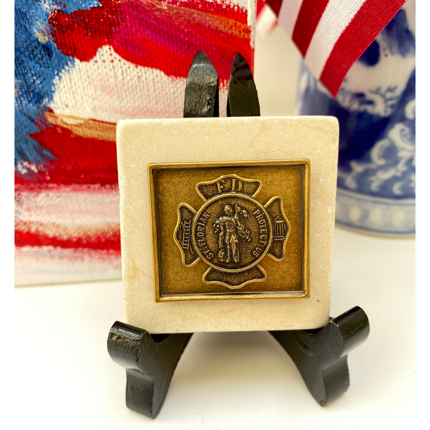 Firefighter Gift,  Saint Florian Medallion, Vintage Medallion on Marble, Art