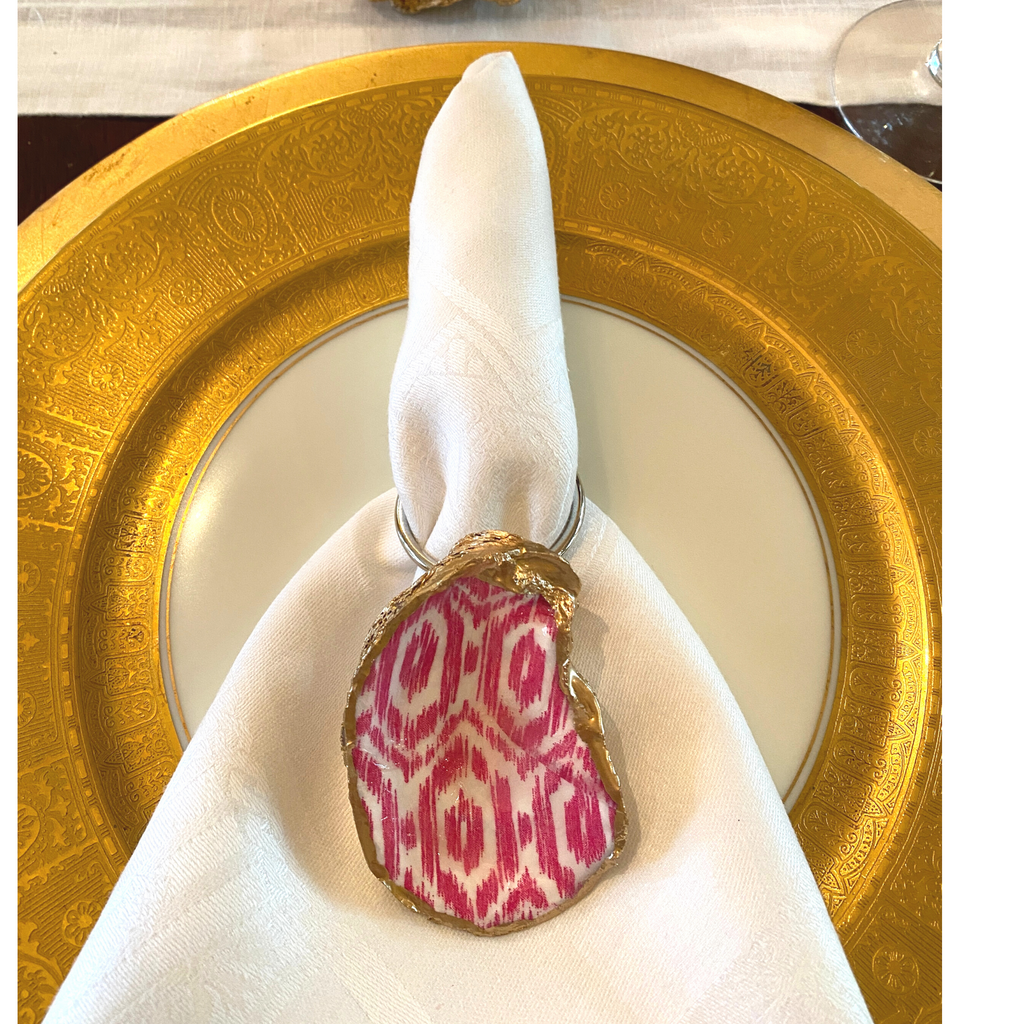 Napkin Ring, Oyster Shell, Pink Ikat, Handmade