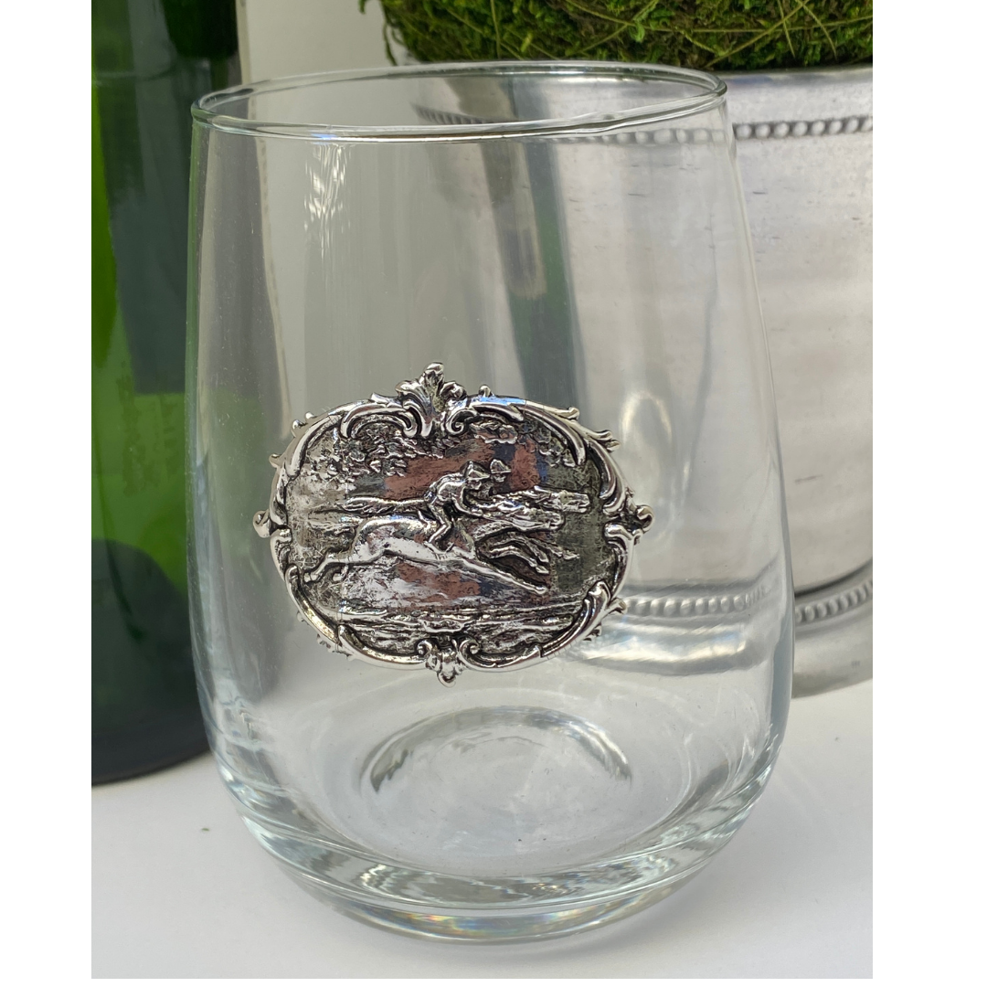 Horserace Theme Stemless Wine Glass | Silver Jockey & Race Horse