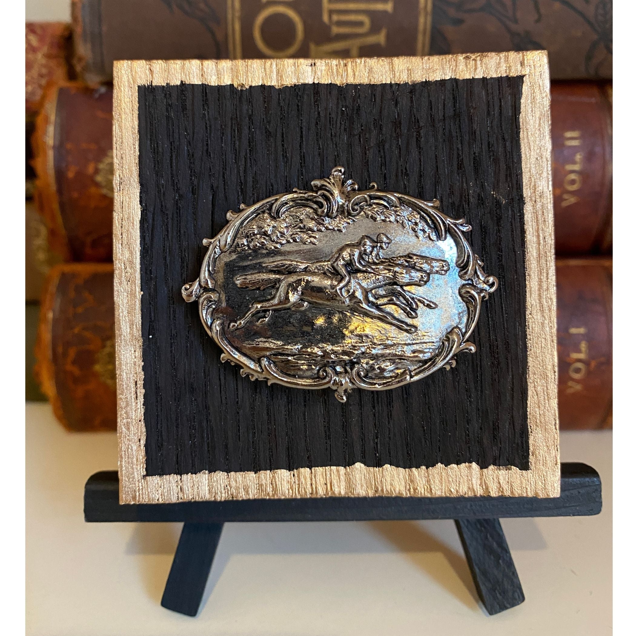 Silver Racehorse Medallion Wooden Art, Bourbon Barrel Wood, Gift for Horserace Fan