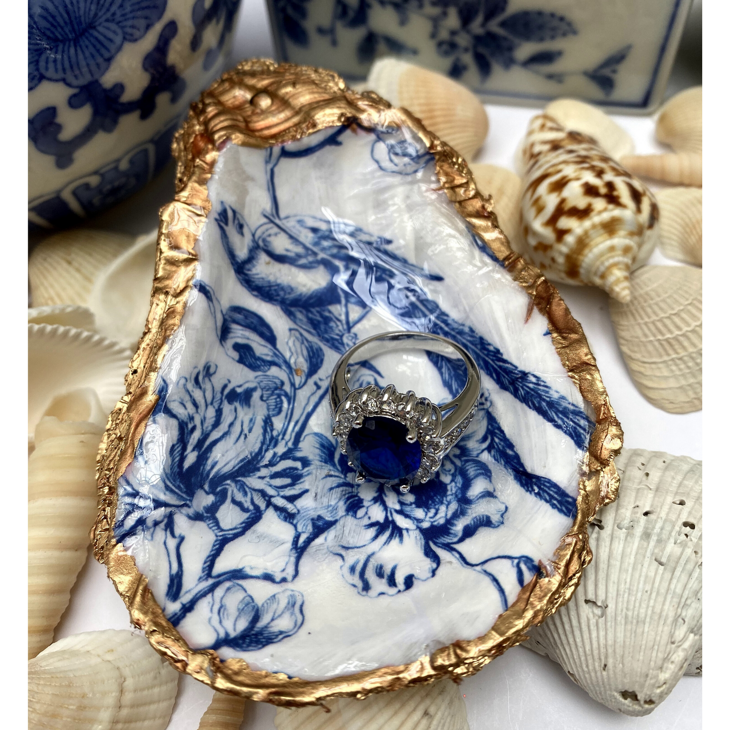 Shell Art,  Blue Chinoiserie Bird Design