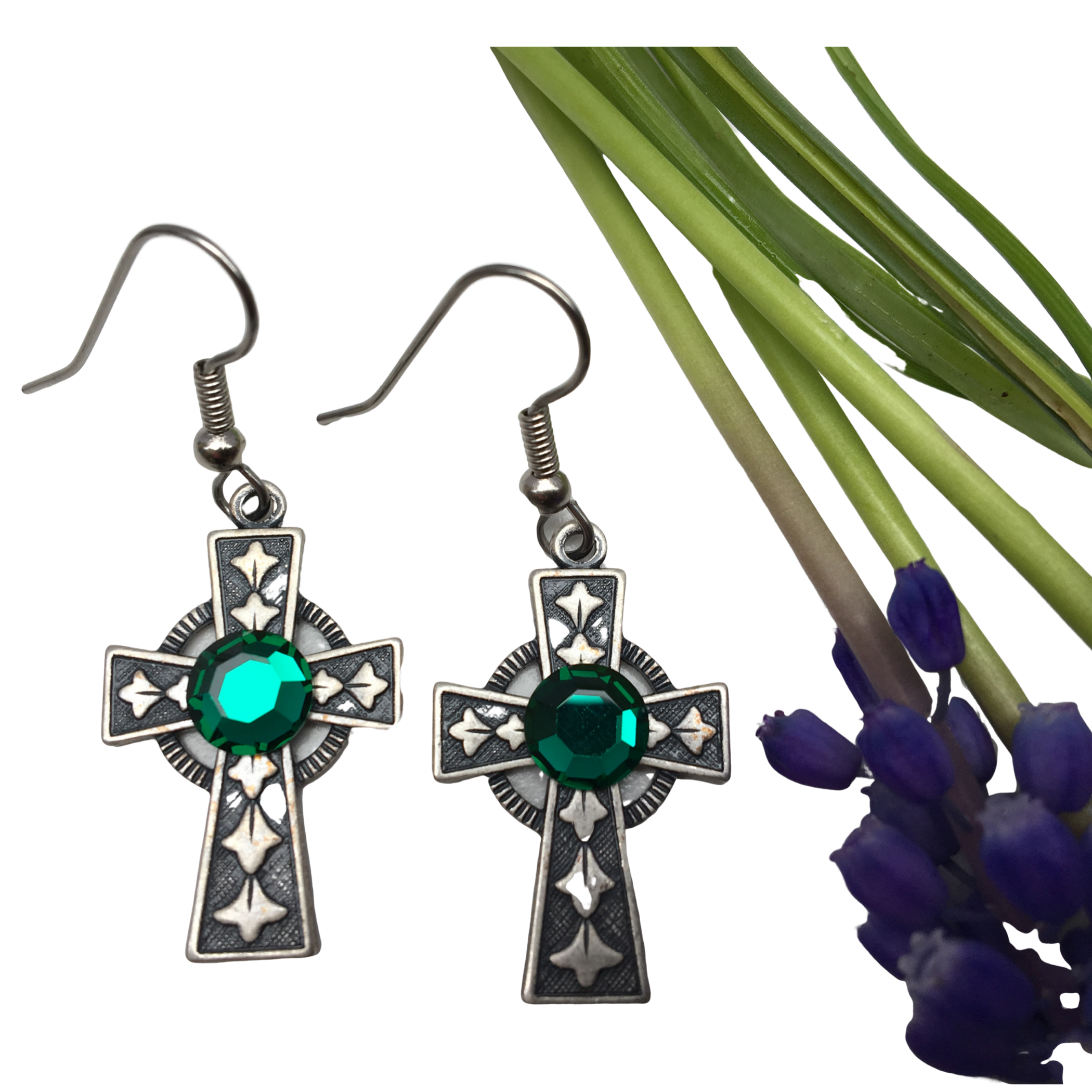 Earring, Irish Celtic Cross, Silver plate, Emerald Crystal, Handmade in USA