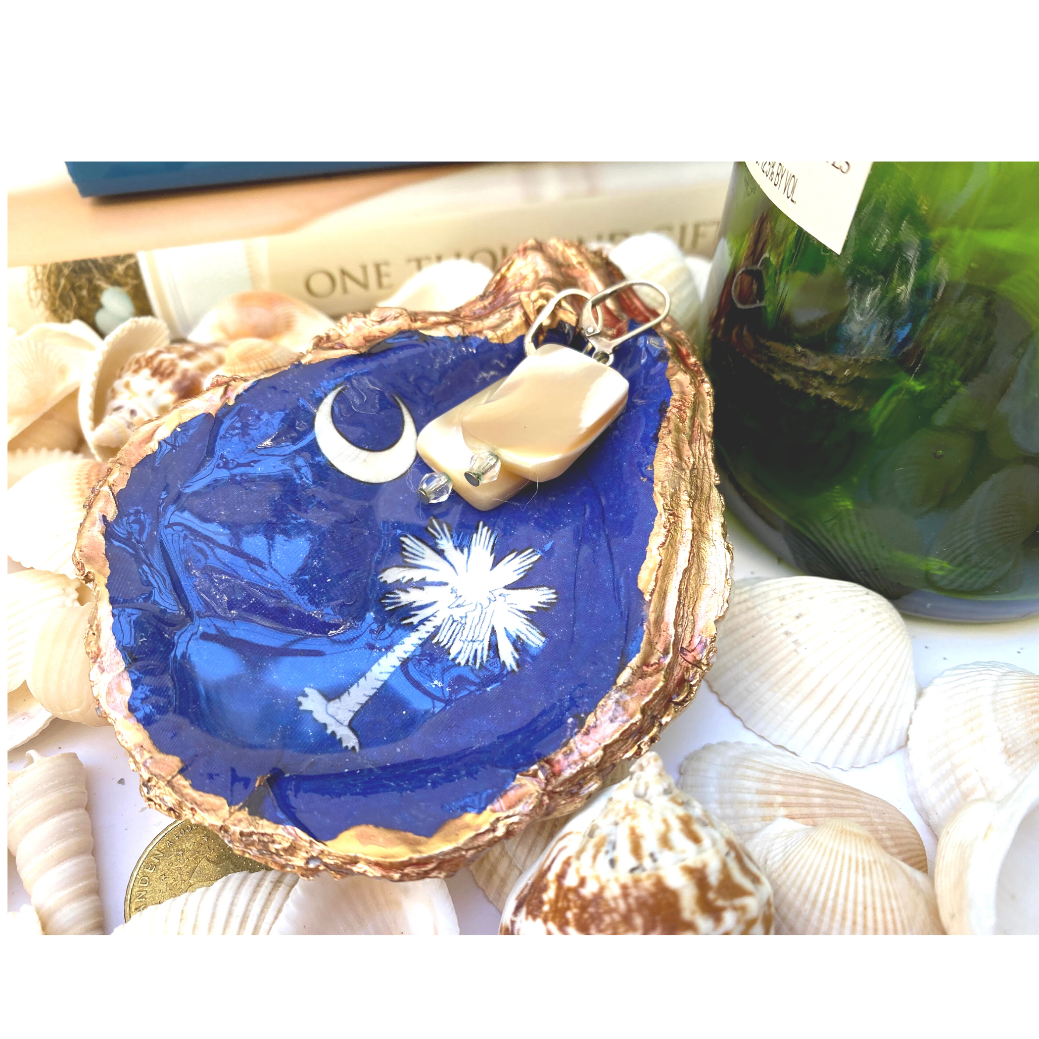 Oyster Shell Art, Decorative Art,  South Carolina State Flag,  Blue and White Décor