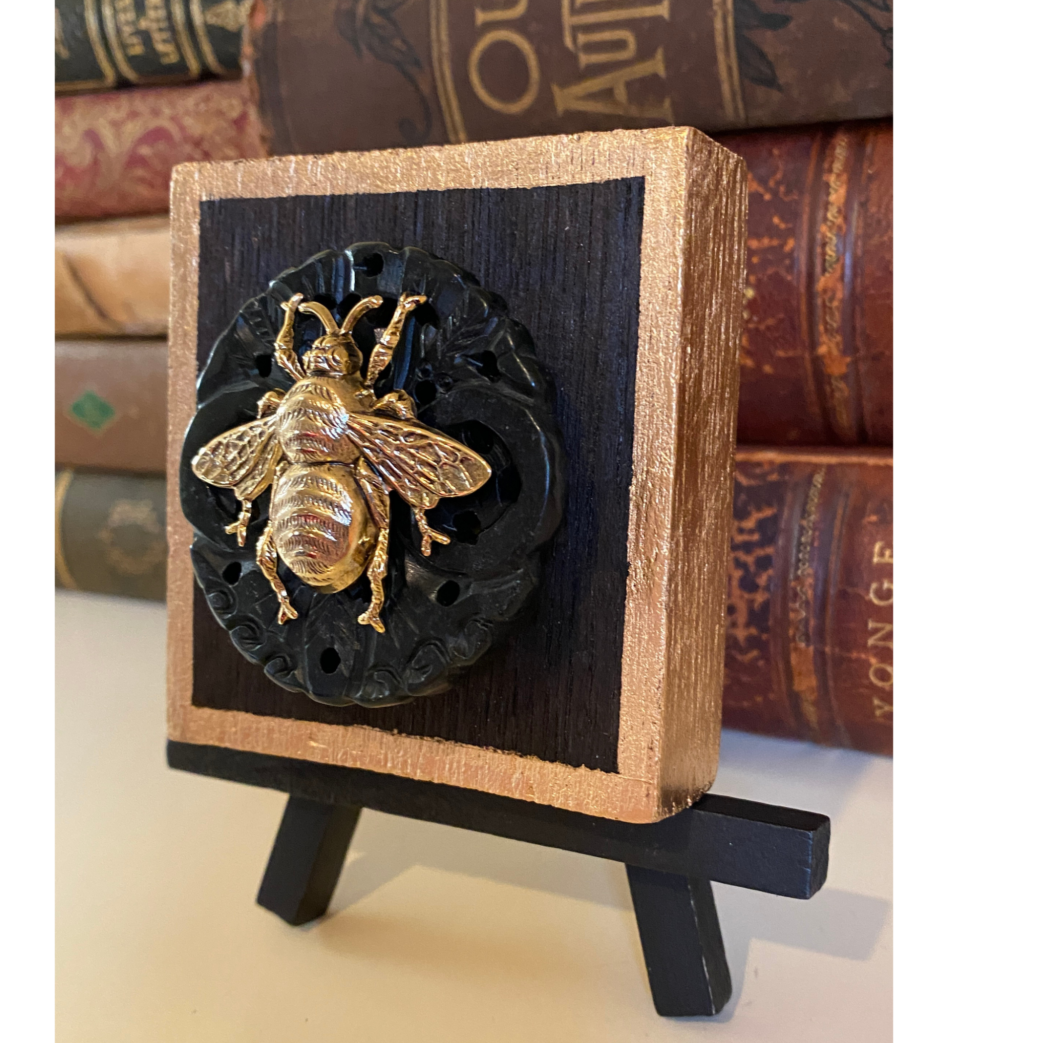 Gold Bee, Wooden Art,  Bourbon Barrel Wood, Carved Jade