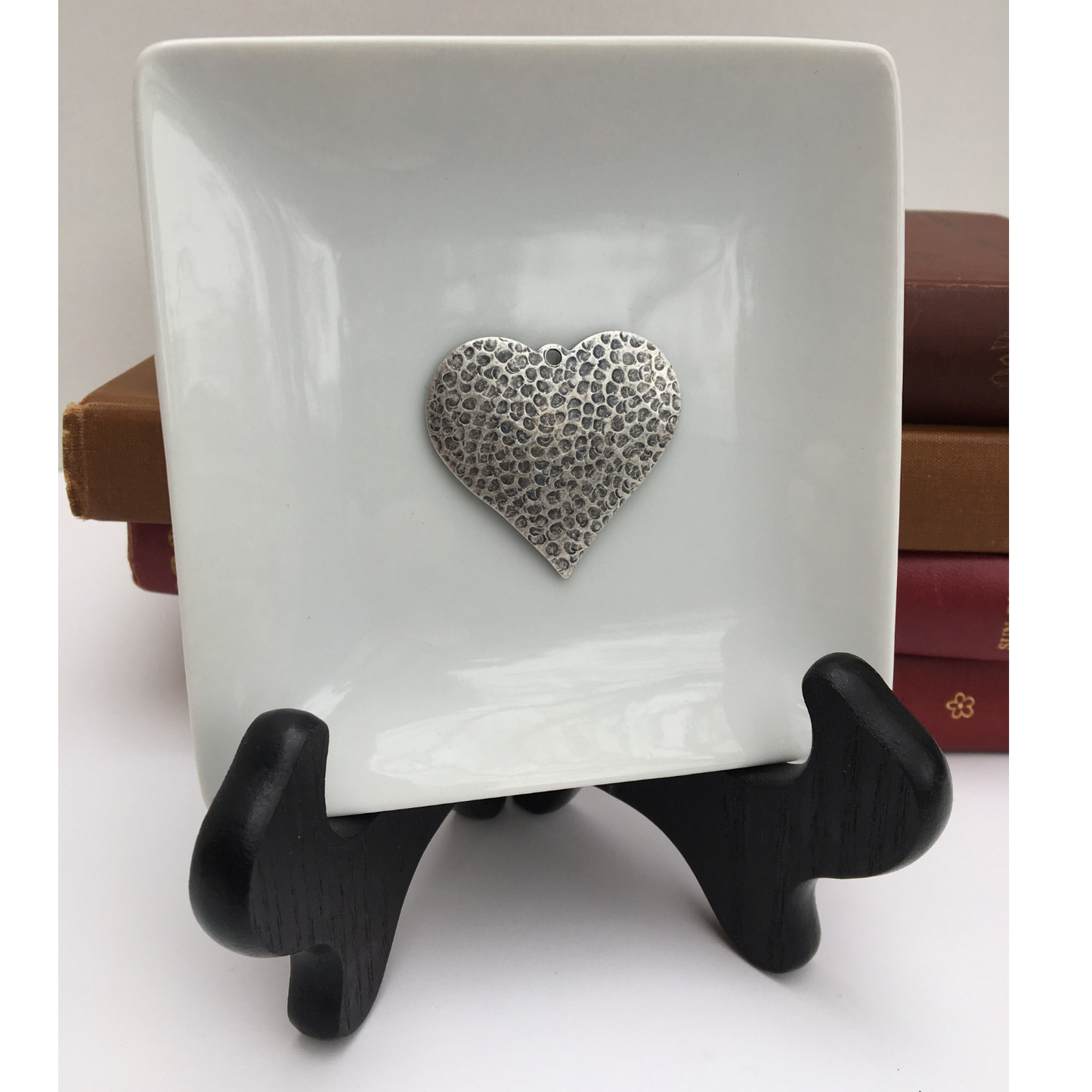 Trinket Tray, White Porcelain Dish,  Silver Hammered Heart