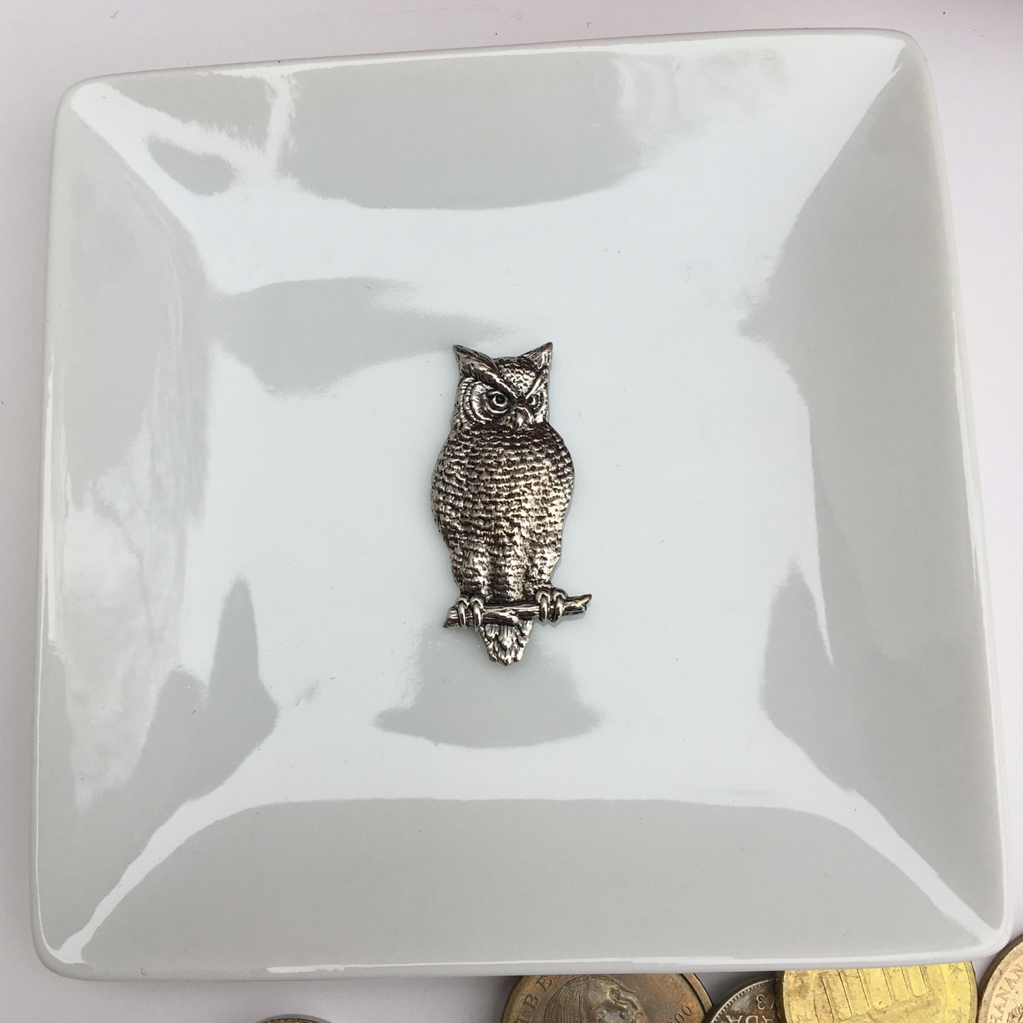 Trinket Tray, White Porcelain Dish, Silver Owl Medallion