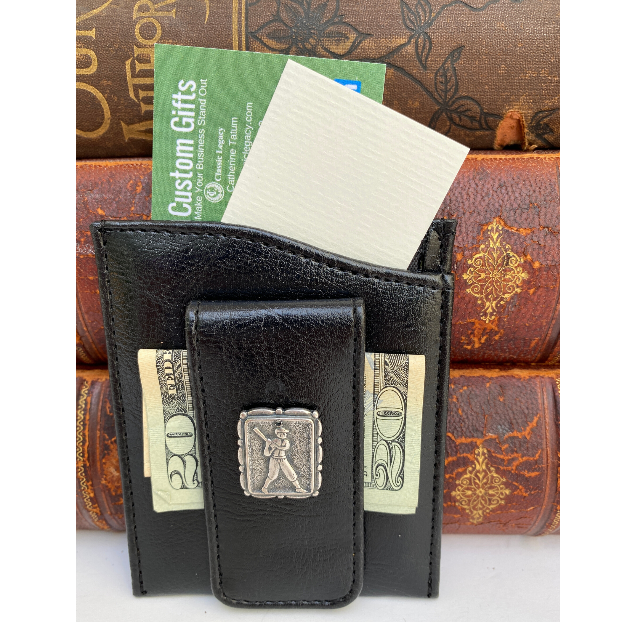 Money Clip, Baseball Player, Black Faux Leather