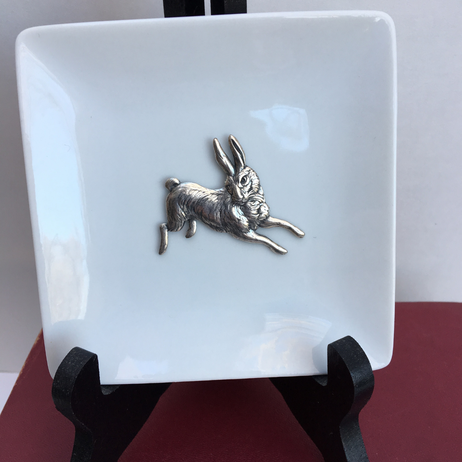 Trinket Tray, White Porcelain Dish,  Silver Rabbit