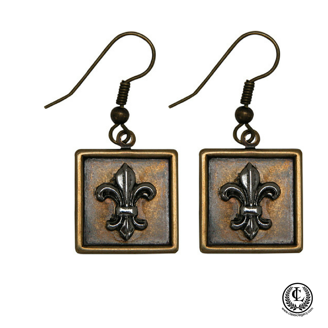 Earring,  Square Antique Brass,  Silver Fleur de Lis, Handmade in USA