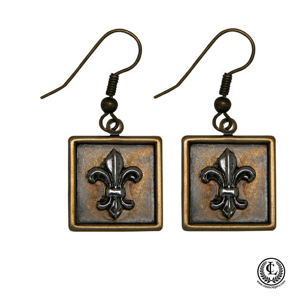 Earring,  Square Antique Brass,  Silver Fleur de Lis, Handmade in USA