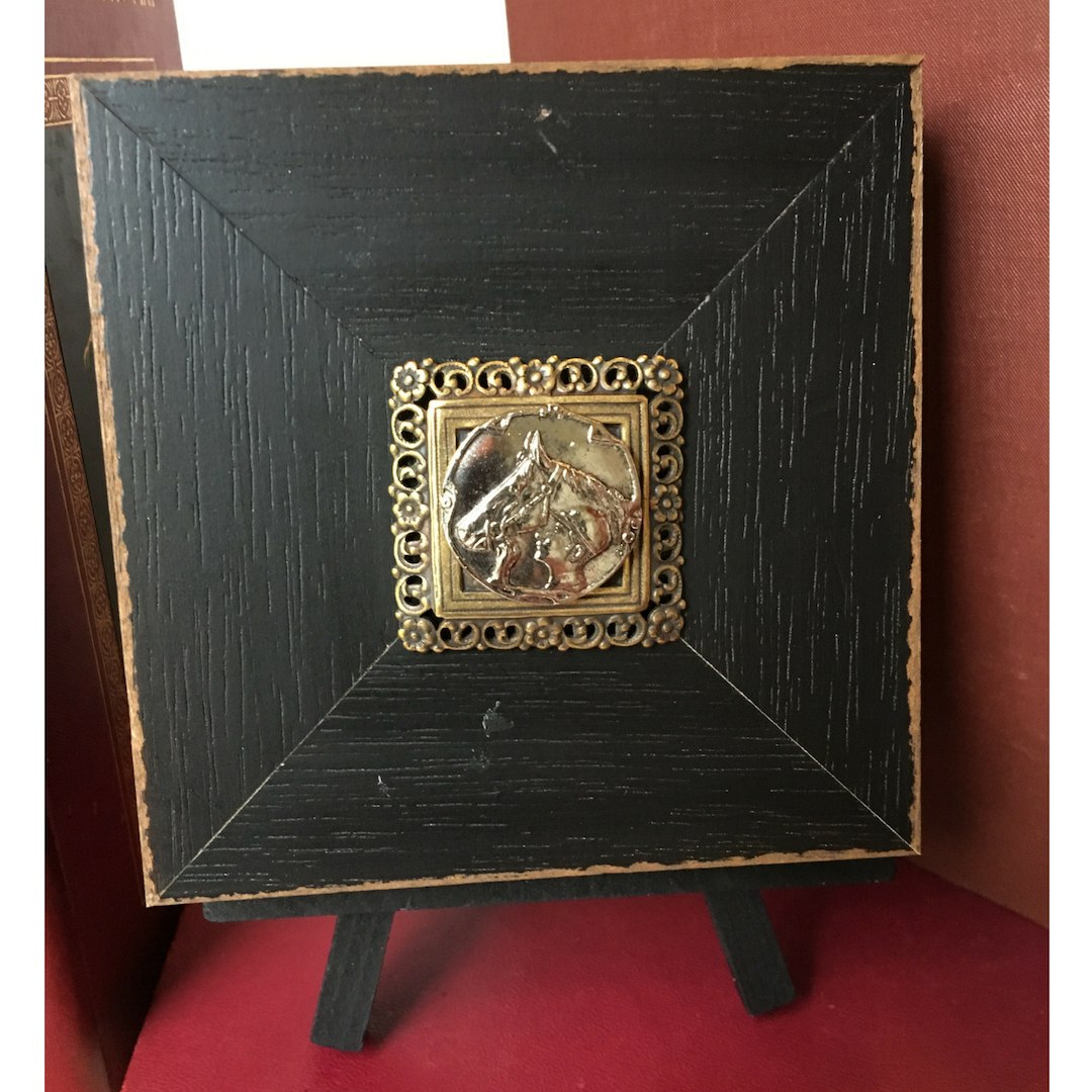 Wooden Art,  Small Wooden Square,  Embellish with Antique Brass Silver Horse Jockey Medallion