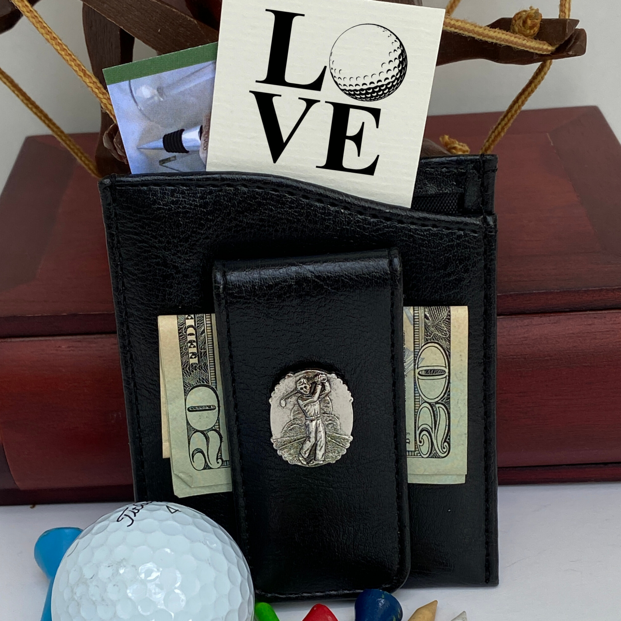 Money Clip, Golf theme, Black Faux Leather