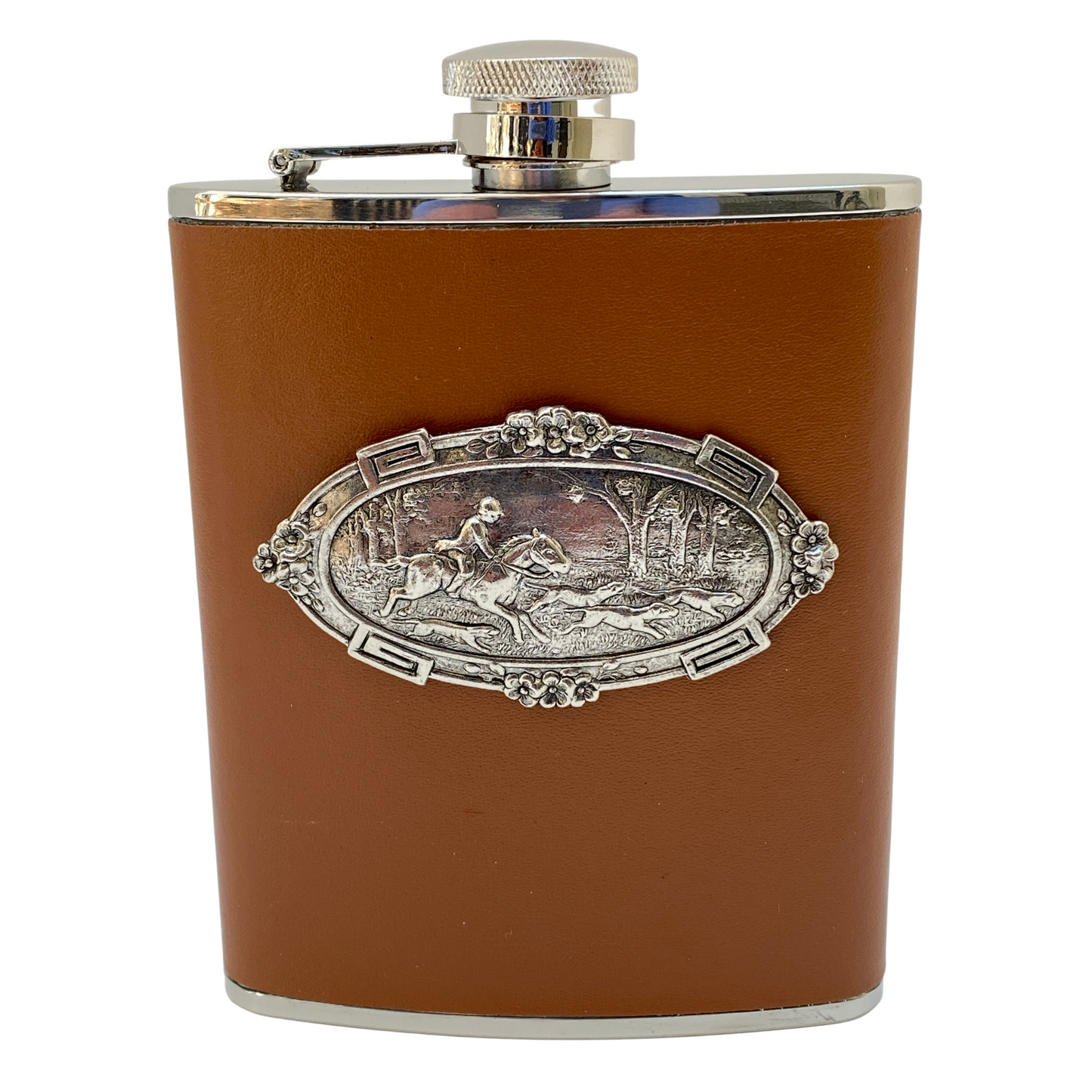 Brown Leather Flask,  Horse & Hounds Medallion,  Horse Lover Gift