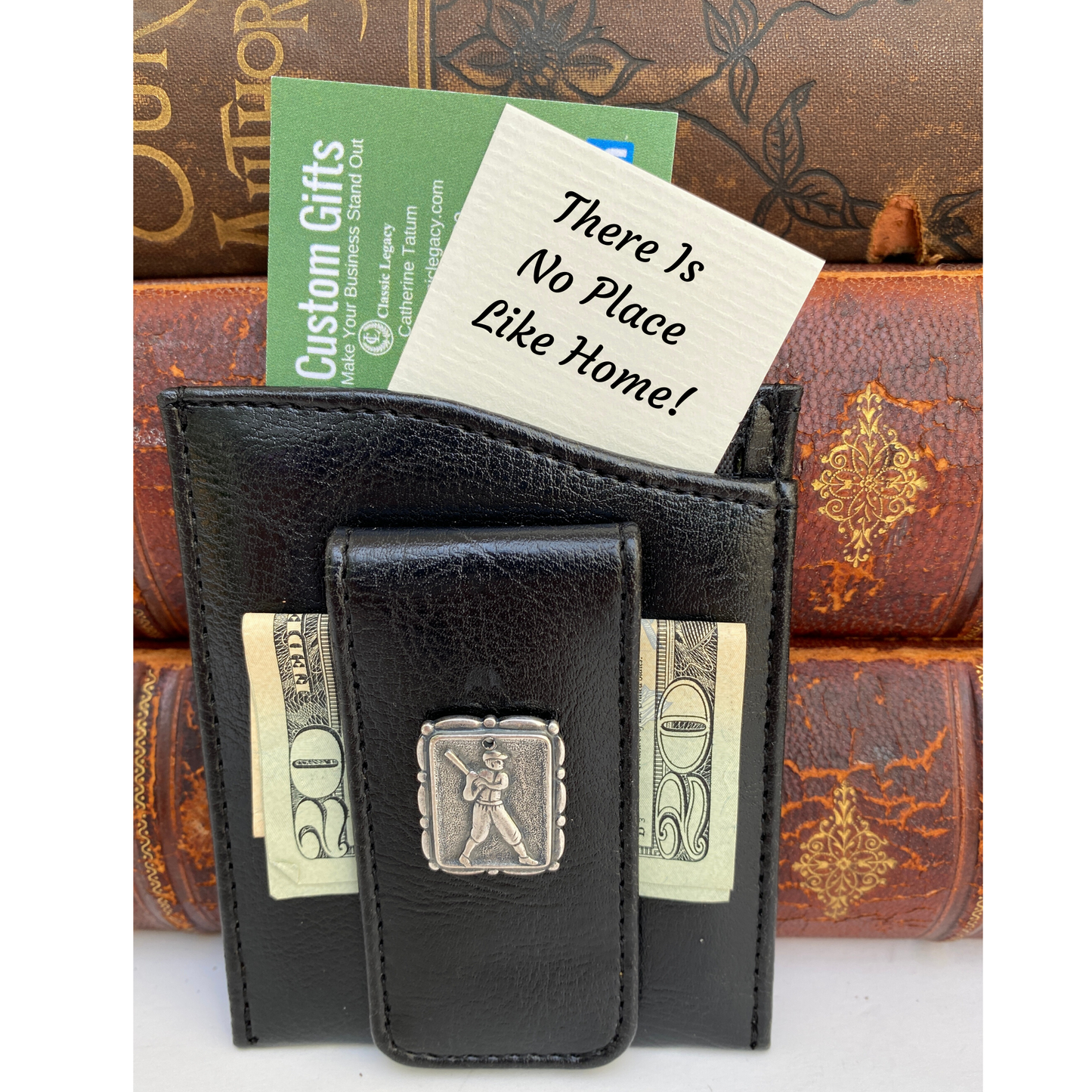 Money Clip, Baseball Player, Black Faux Leather