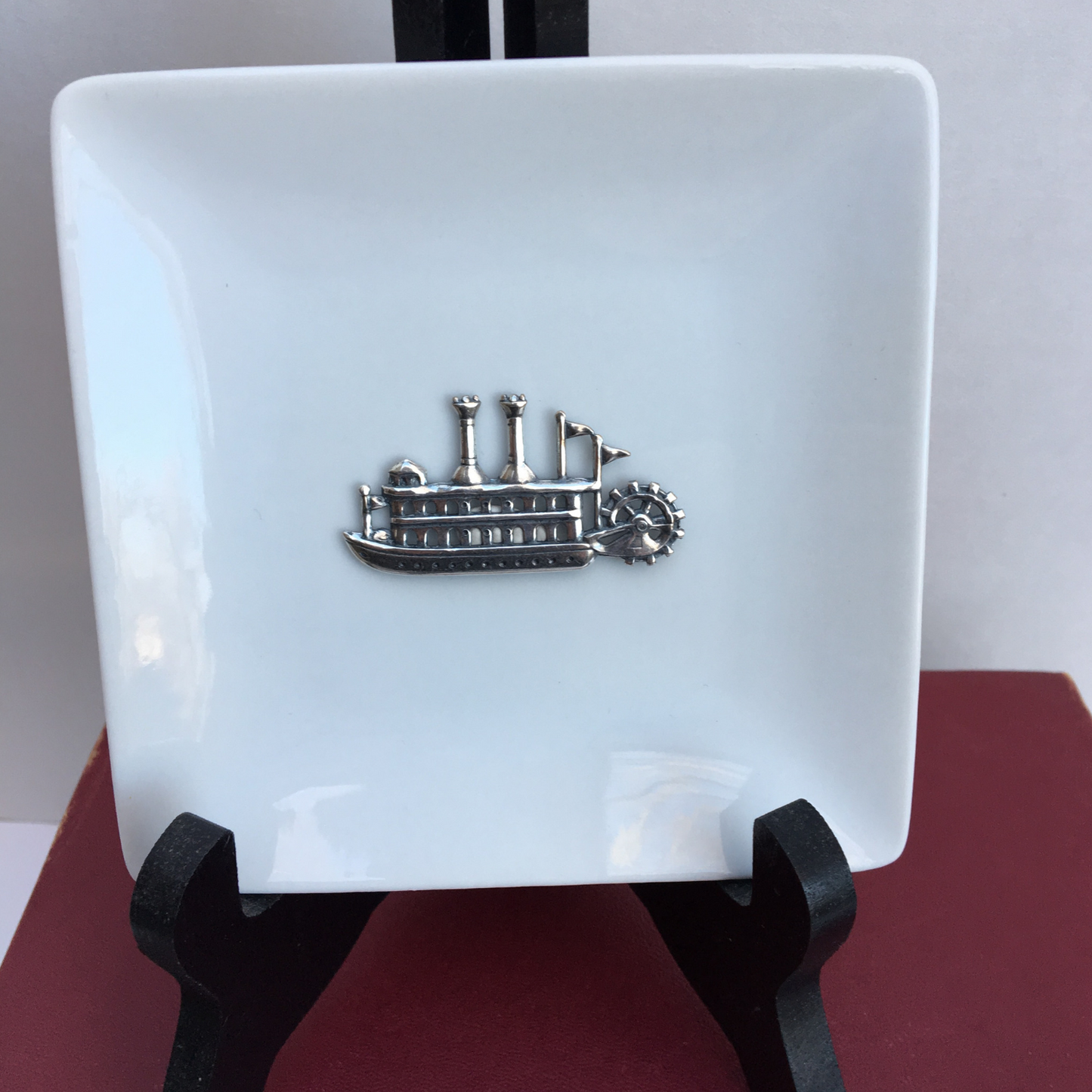 Trinket Tray, White Porcelain Dish, Silver Steamboat