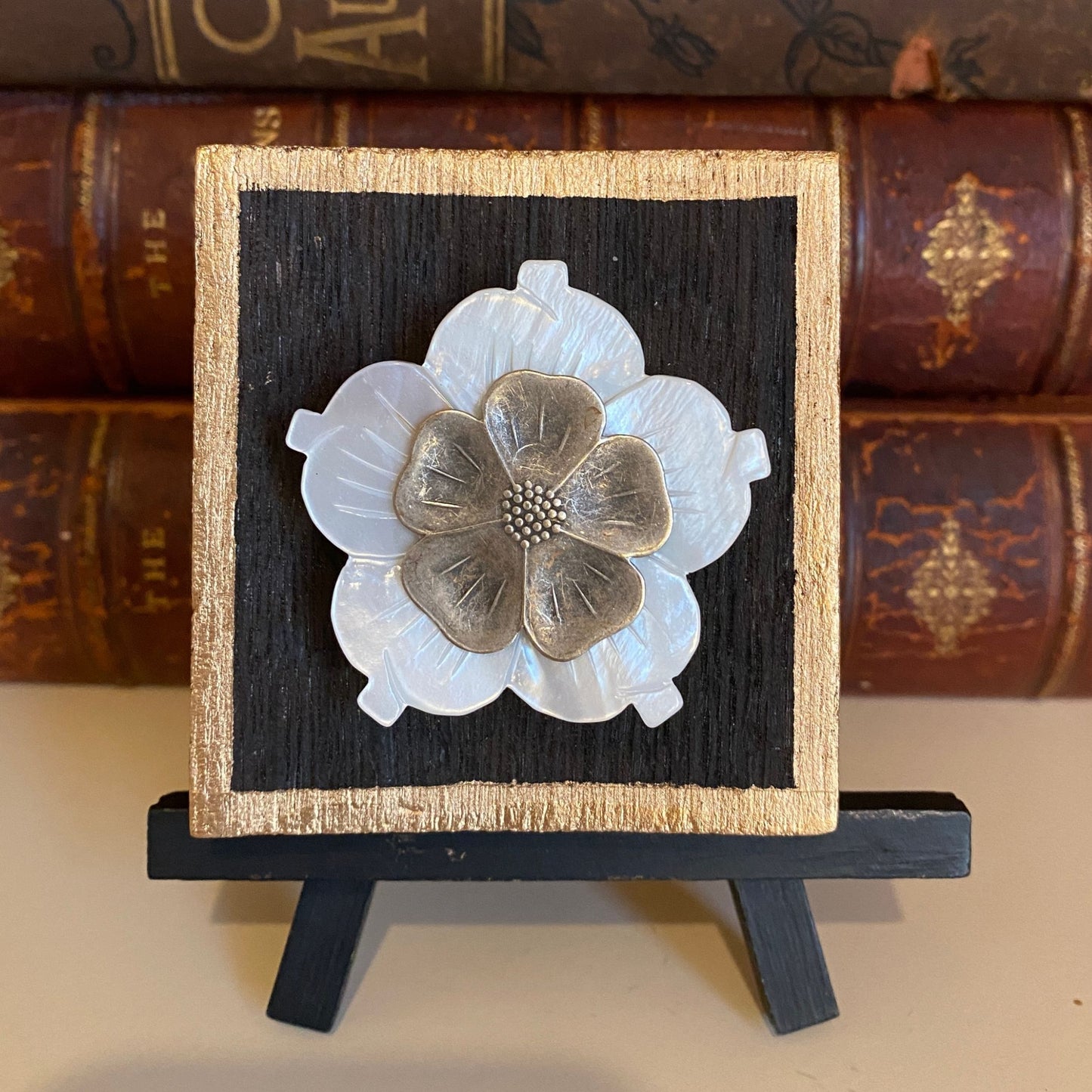 Dogwood Flower, Mother of Pearl, Bourbon Barrel Wooden Art, Handcrafted Home Decor
