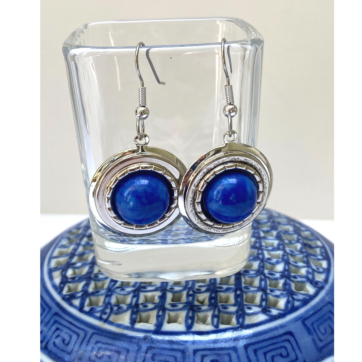 Earring Round Silver | Faux Lapis Blue Cabochon