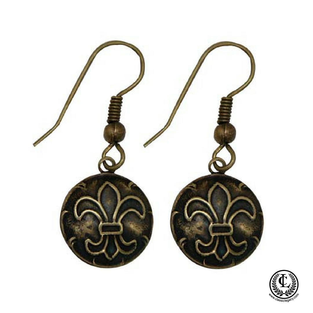 Earring, Round Antique Brass,  Fleur de Lis, Handmade in USA