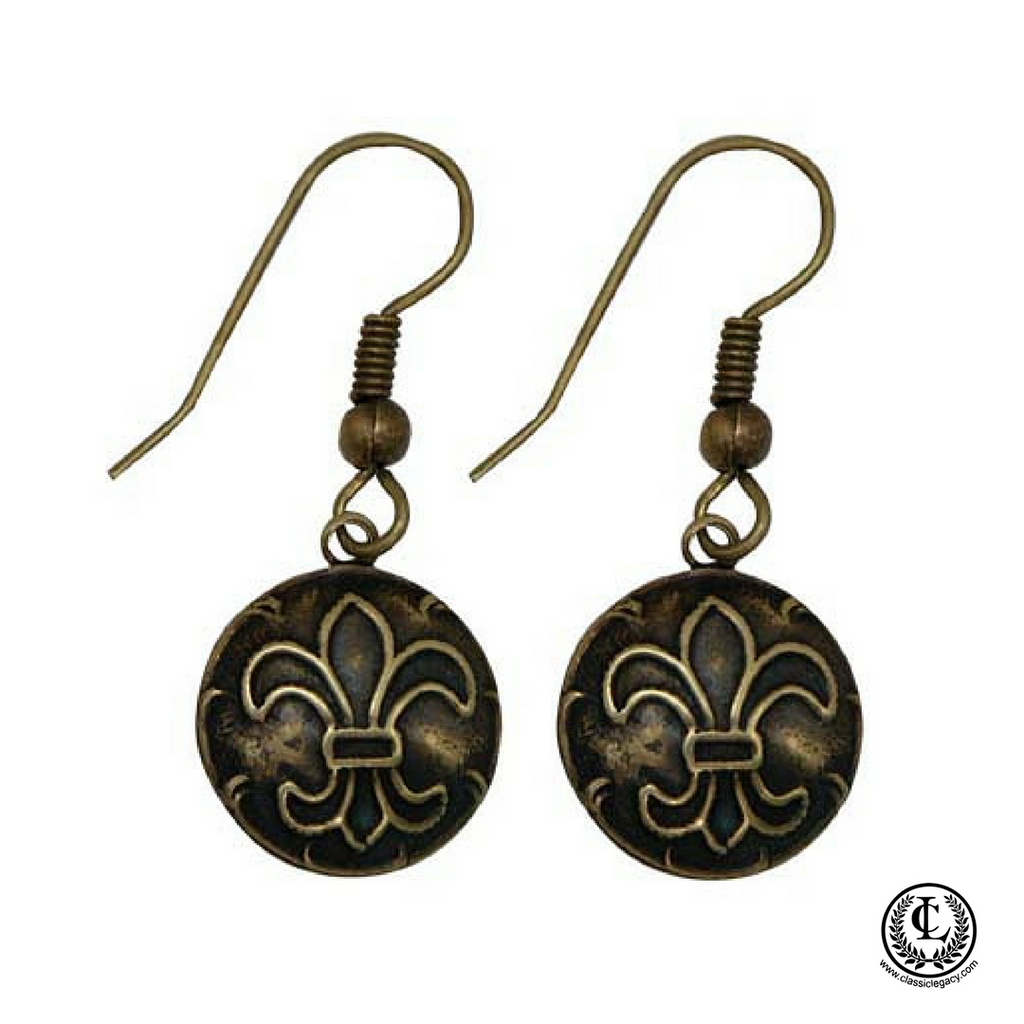 Earring, Round Antique Brass,  Fleur de Lis, Handmade in USA