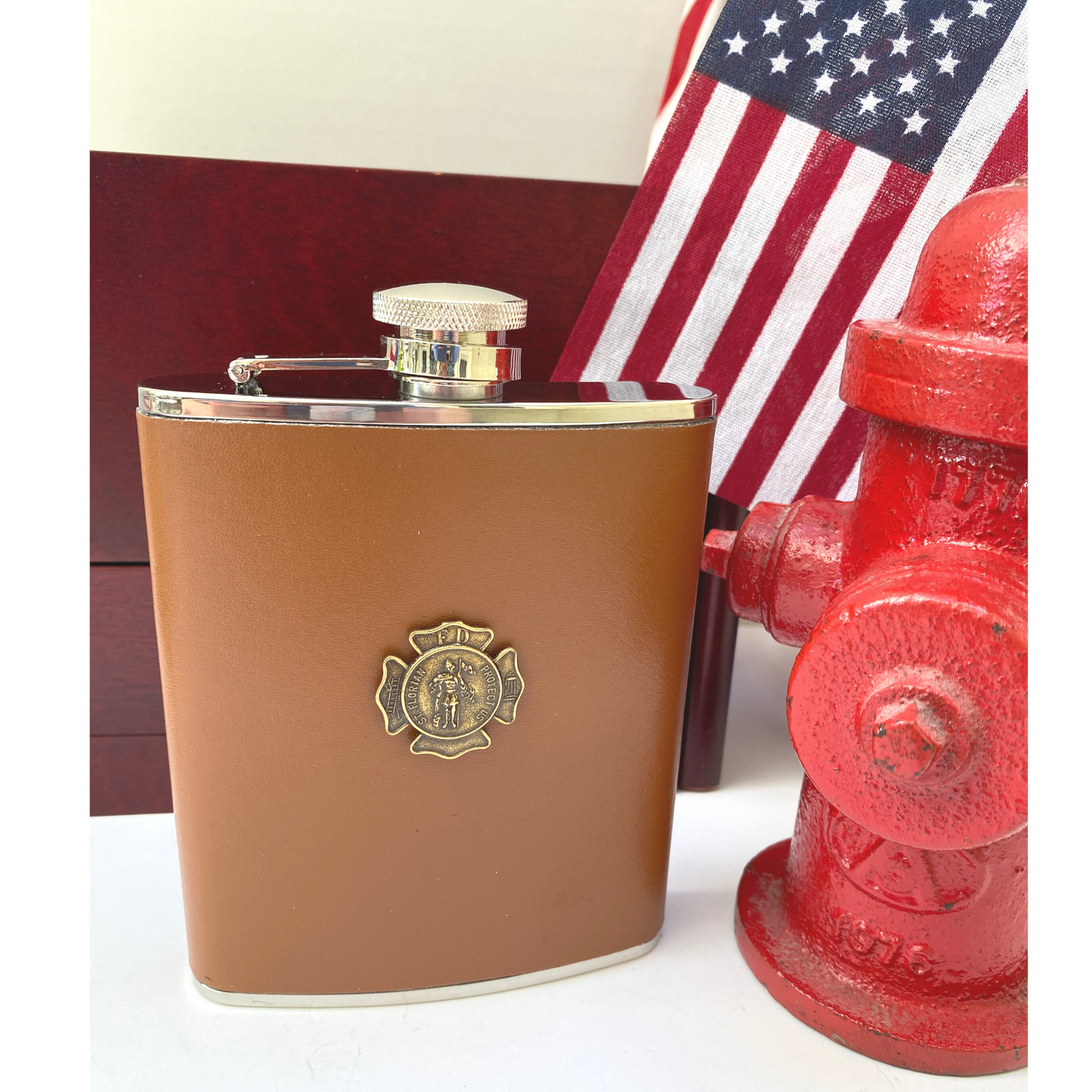 Shop Now for Firefighter Gift,  Leather Flask, Saint Florian Medallion