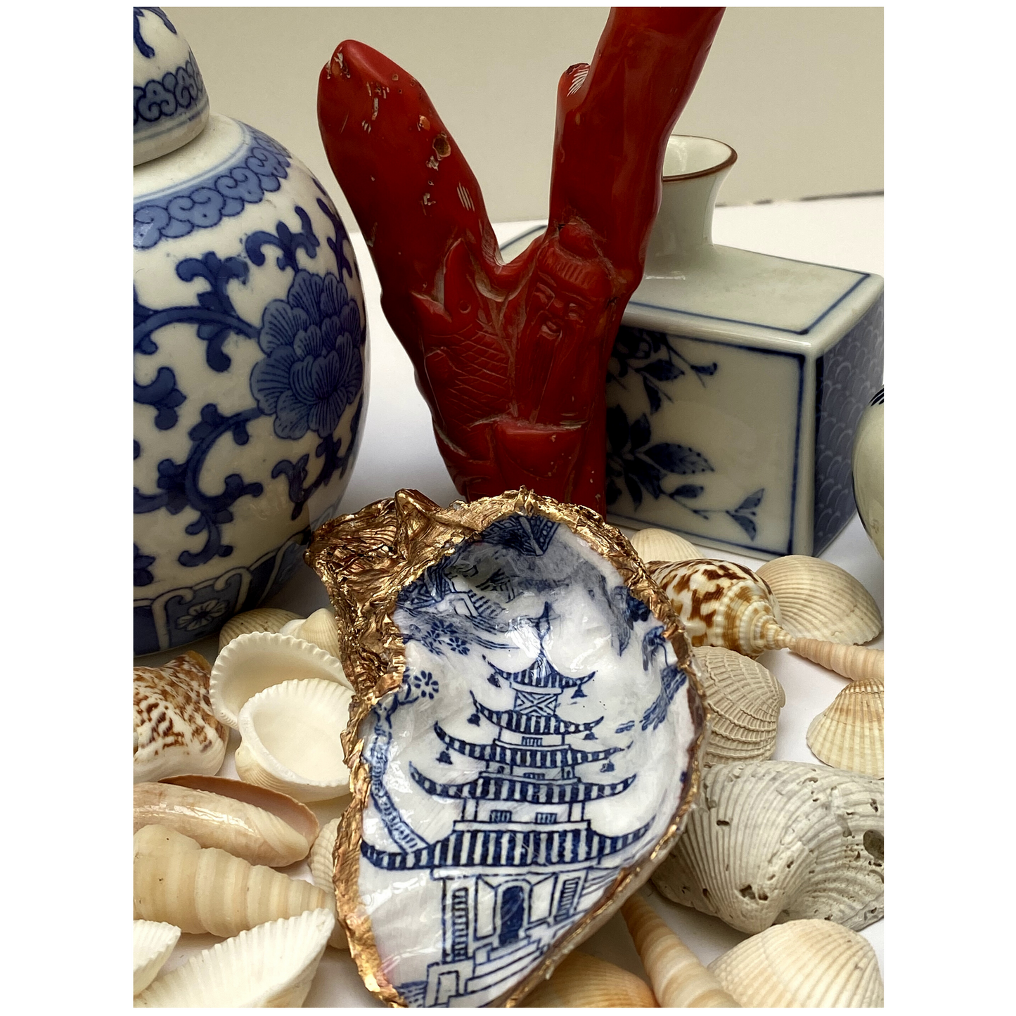 Oyster Shell Art | Blue Chinoiserie | Chinese Temple