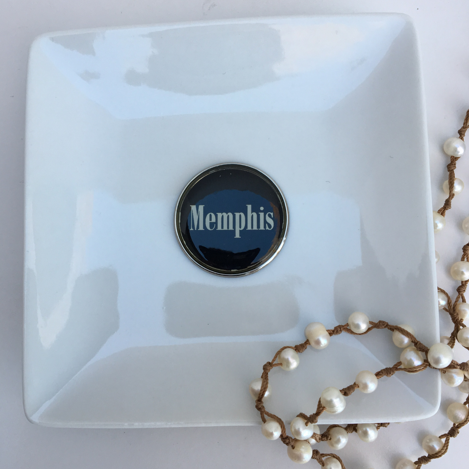 Trinket Tray, White Porcelain Dish,  Memphis Black Enamel