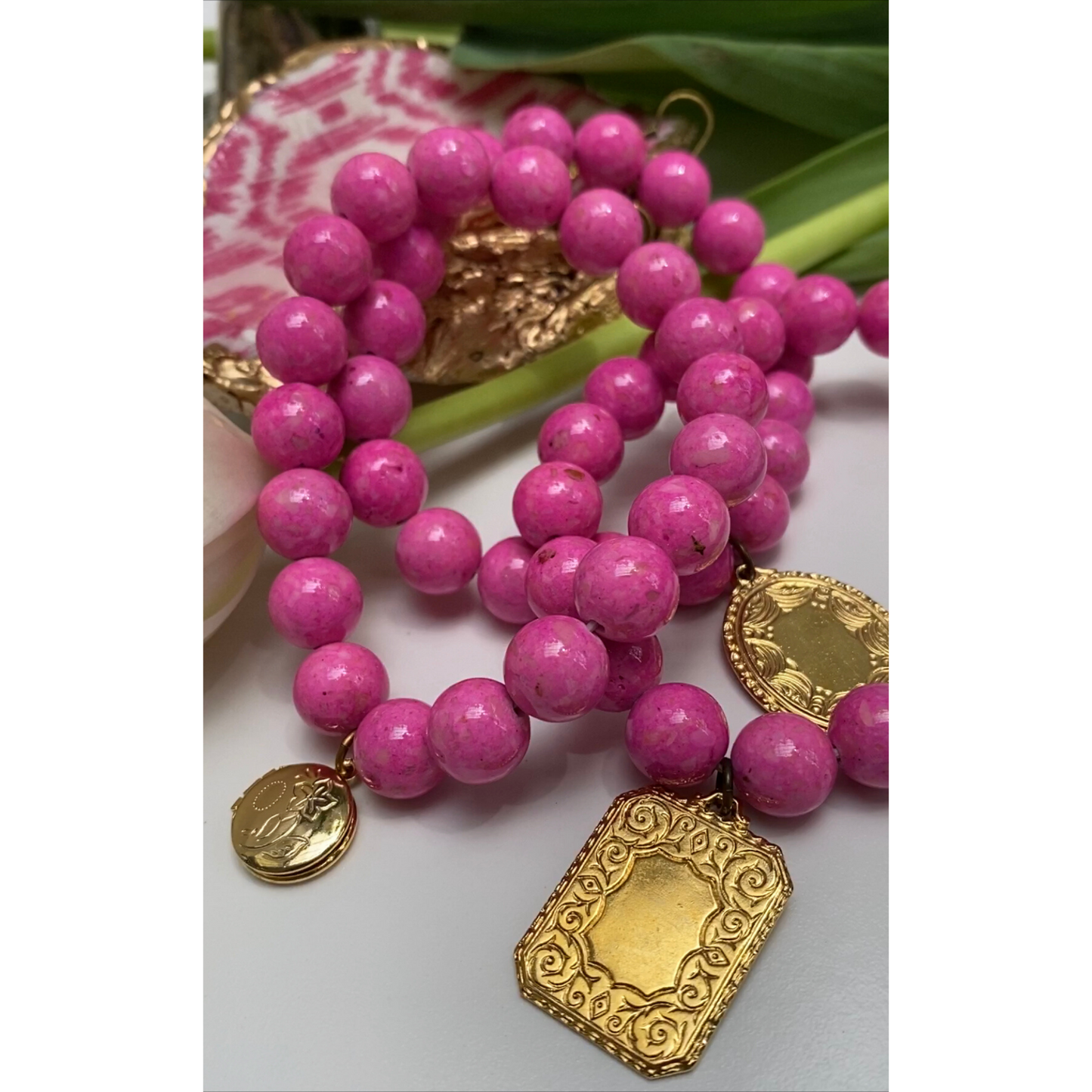 Pink Beaded Bracelet, Vintage Gold Rectangle Charm