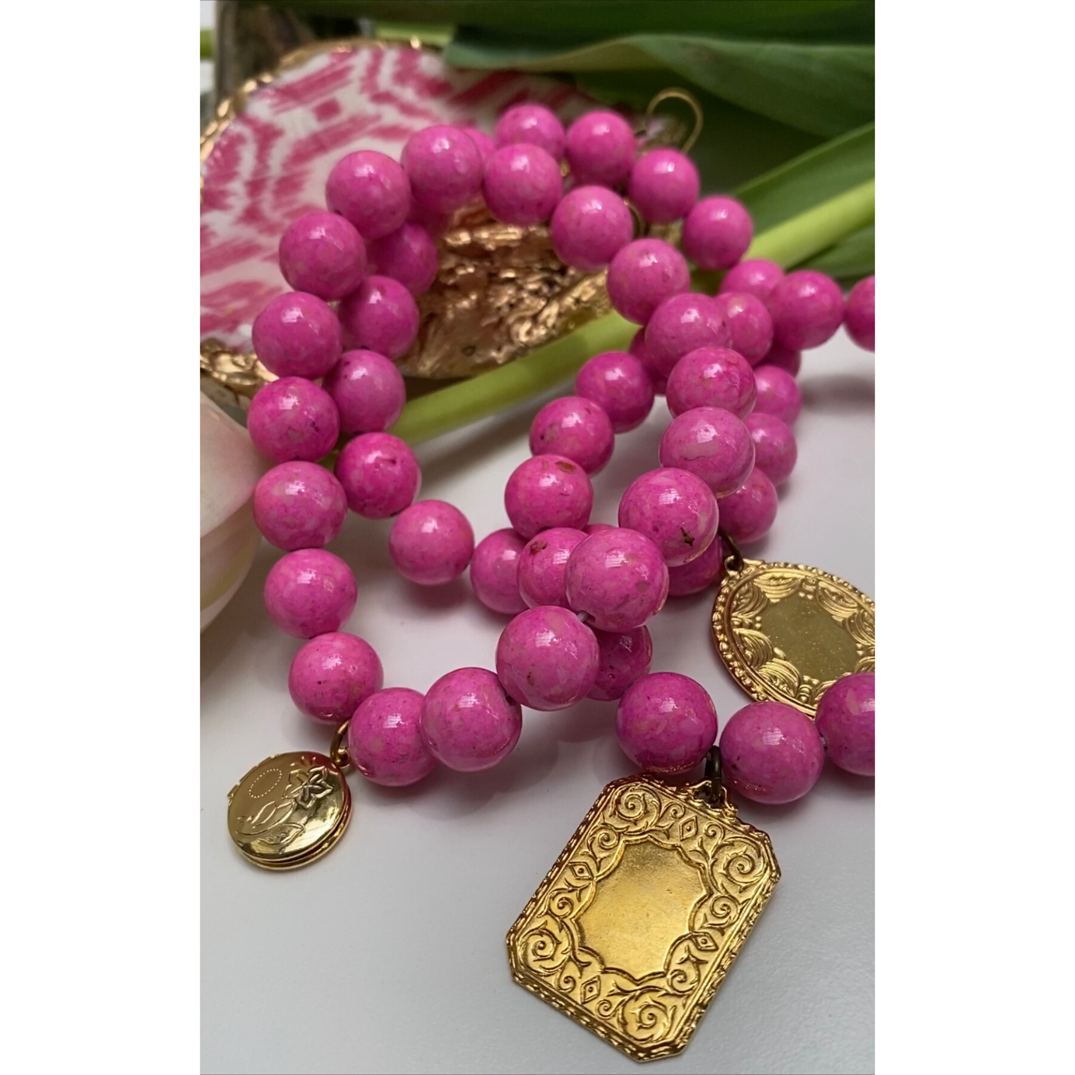 Pink Beaded Bracelet, Vintage Gold Round Locket Charm