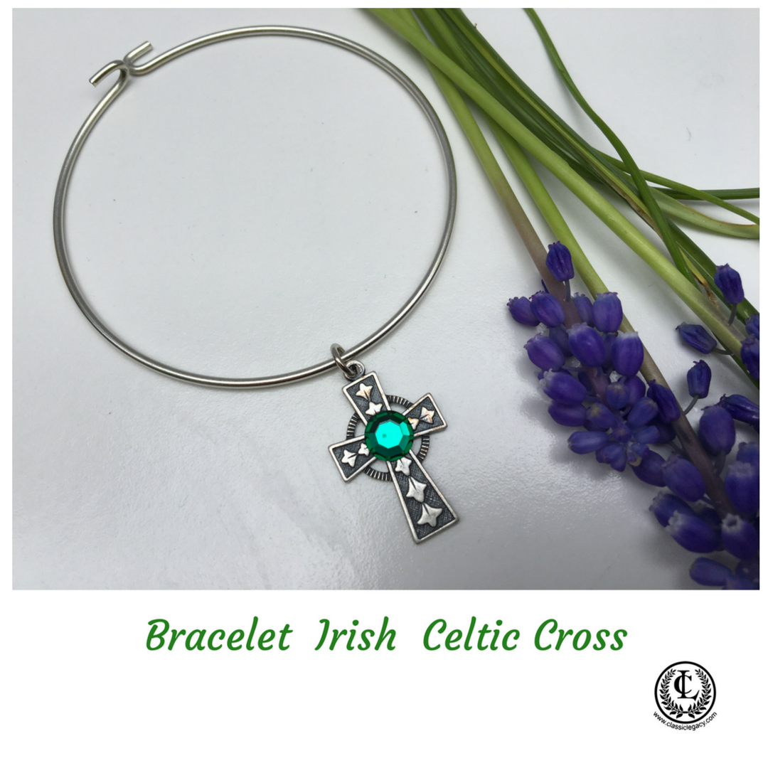 Irish Bracelet, Celtic Cross, Emerald Crystal, Irish Jewelry
