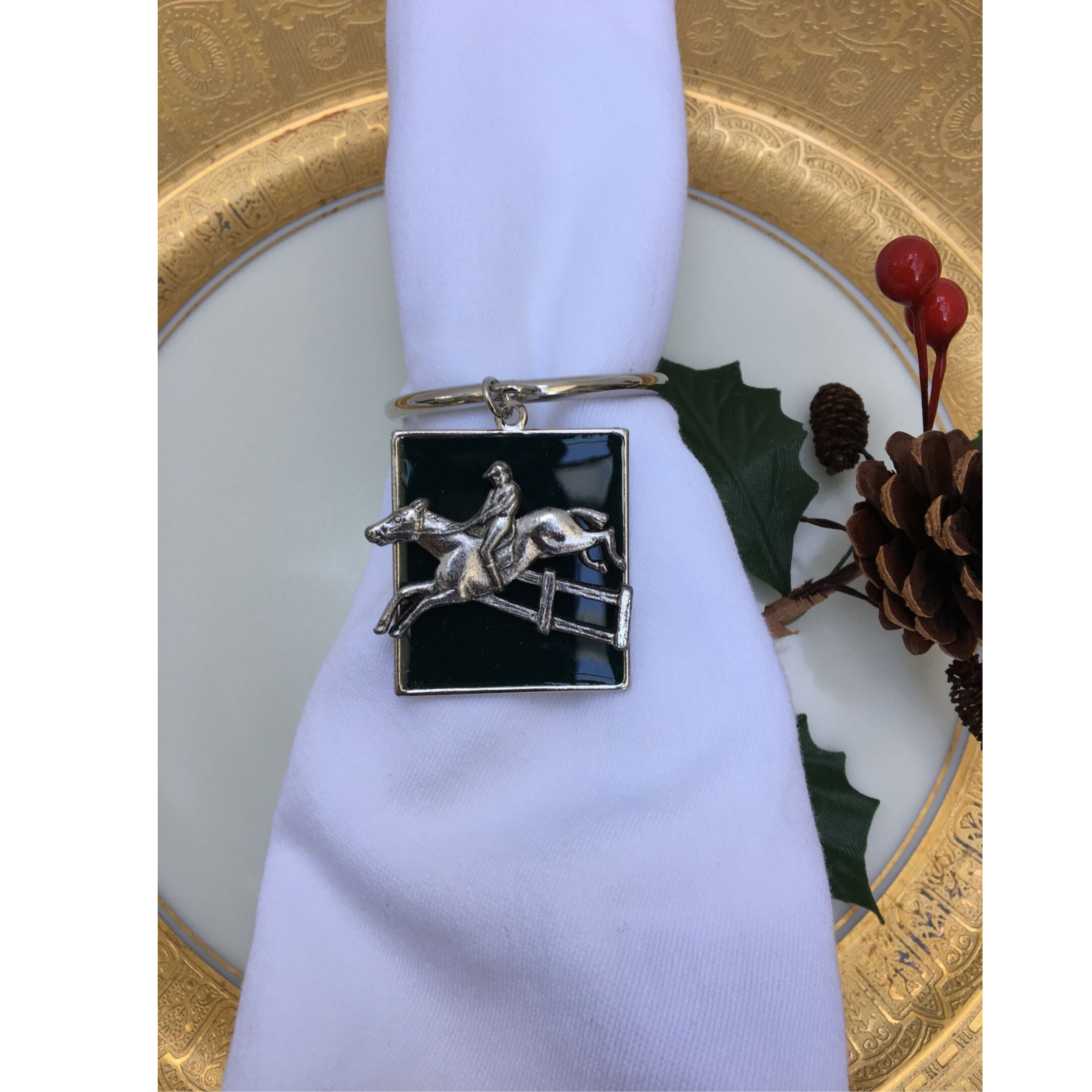 Napkin Ring Antique Silver Horse Jumper Medallion