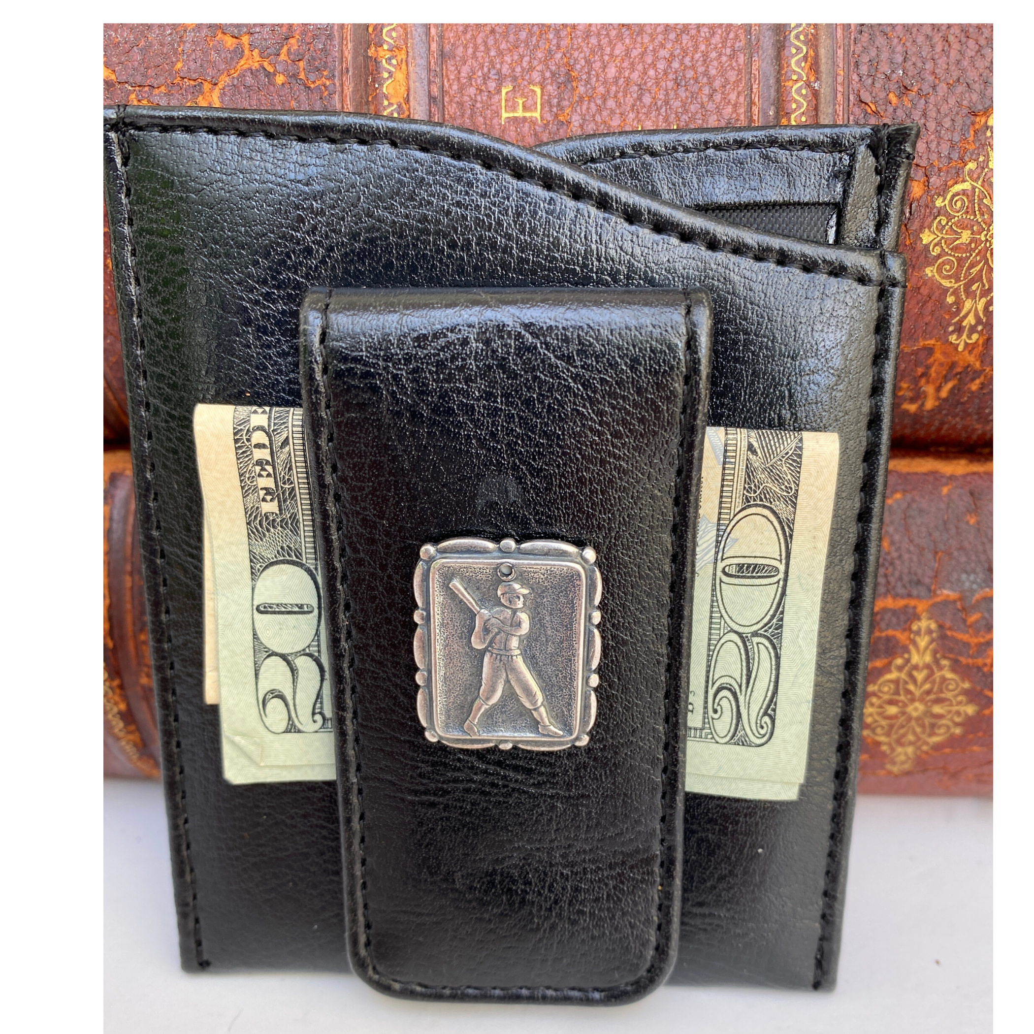 Money Clip, Baseball Player, Black Faux Leather