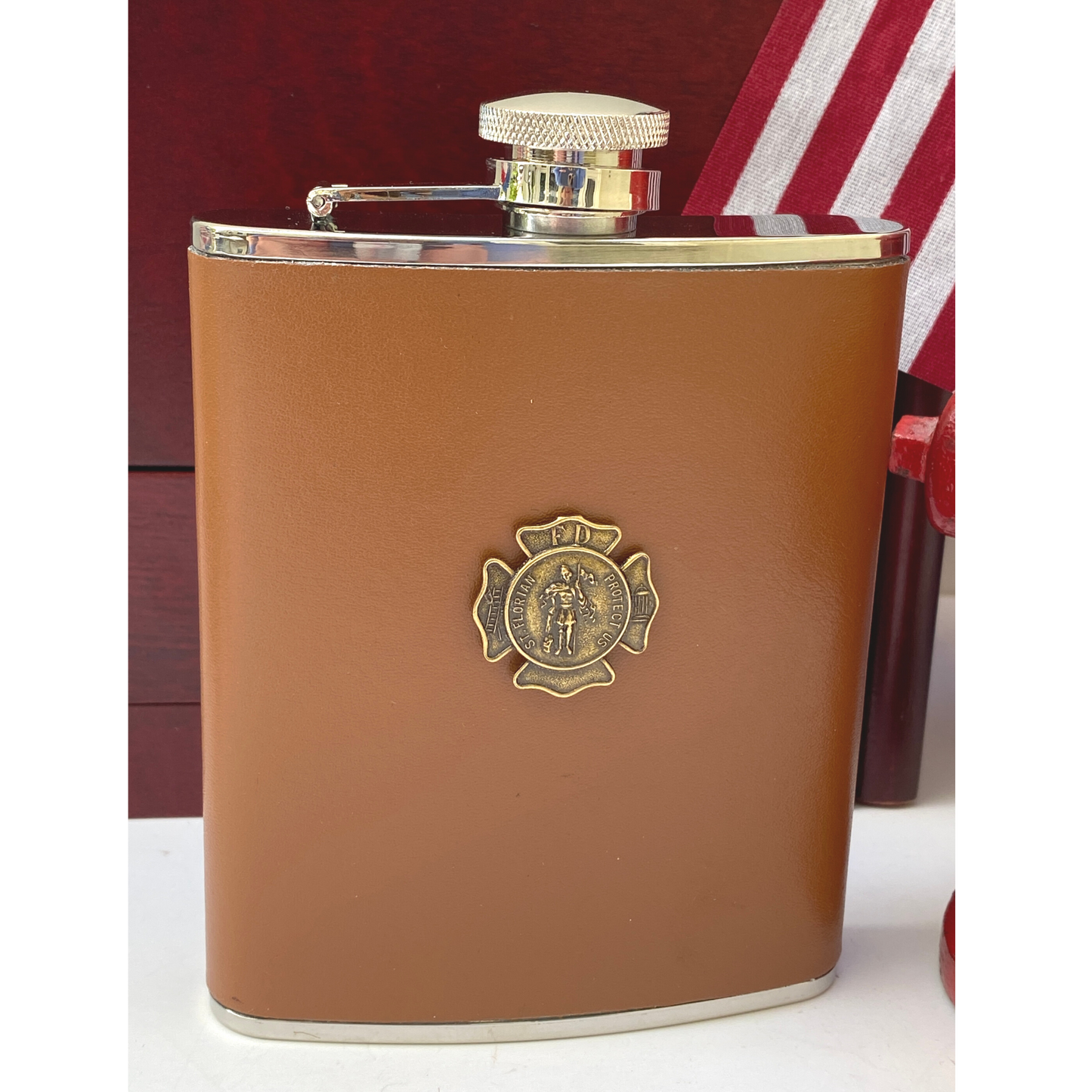 Shop Now for Firefighter Gift,  Leather Flask, Saint Florian Medallion