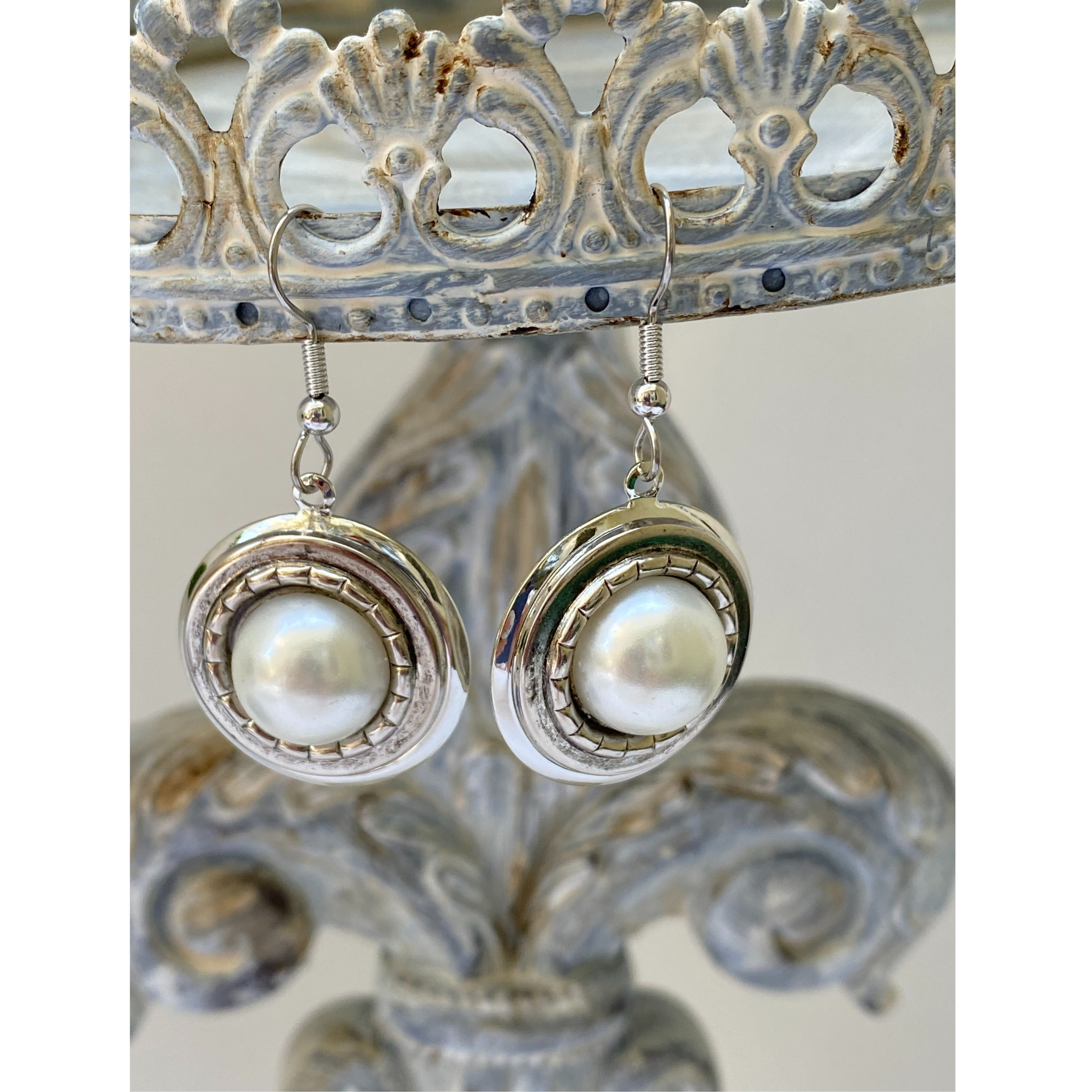 Earring Silver Round | Faux Pearl Setting | 30th Pearl Anniversary Gift