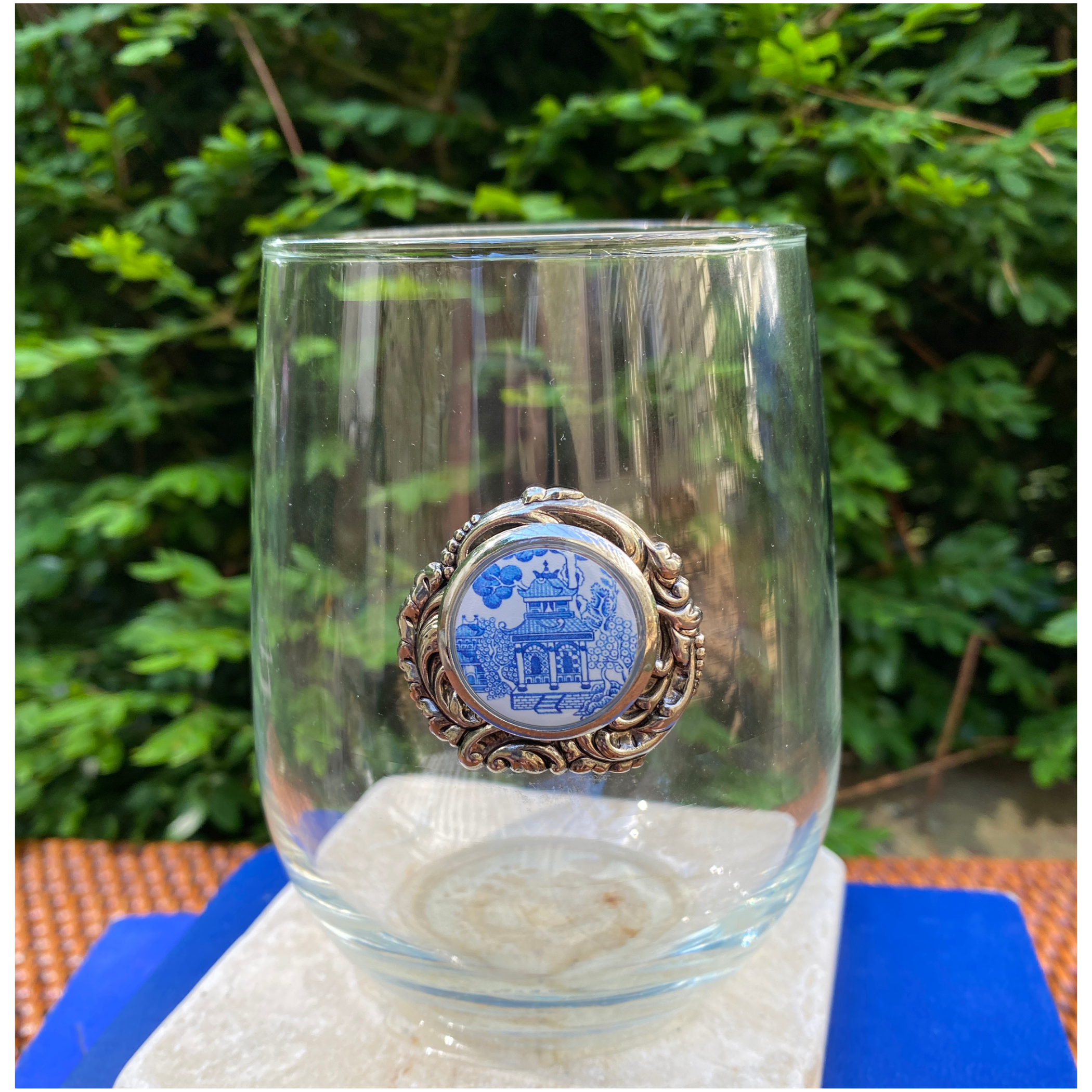 Stemless Glass Silver Medallion & Blue Chinoiserie Design