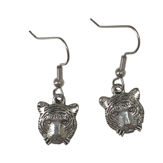 Silver Tiger Face Earrings, French Ear Wire