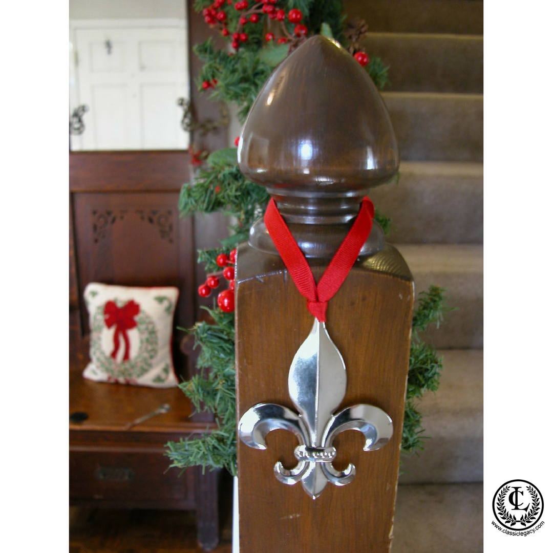 Extra Large Silver Fleur de Lis Christmas Ornament Used to decorate a newel post