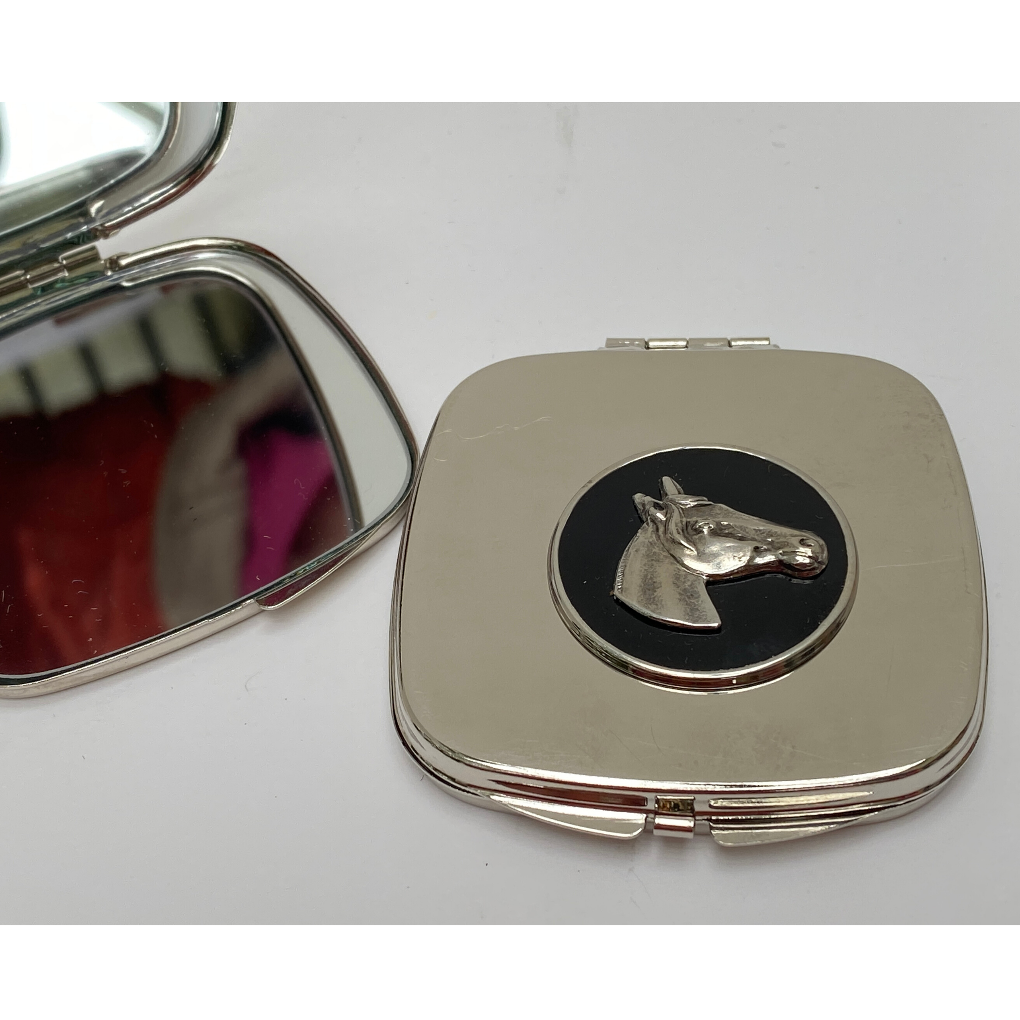 Purse Mirror Silver Horse Head Medallion