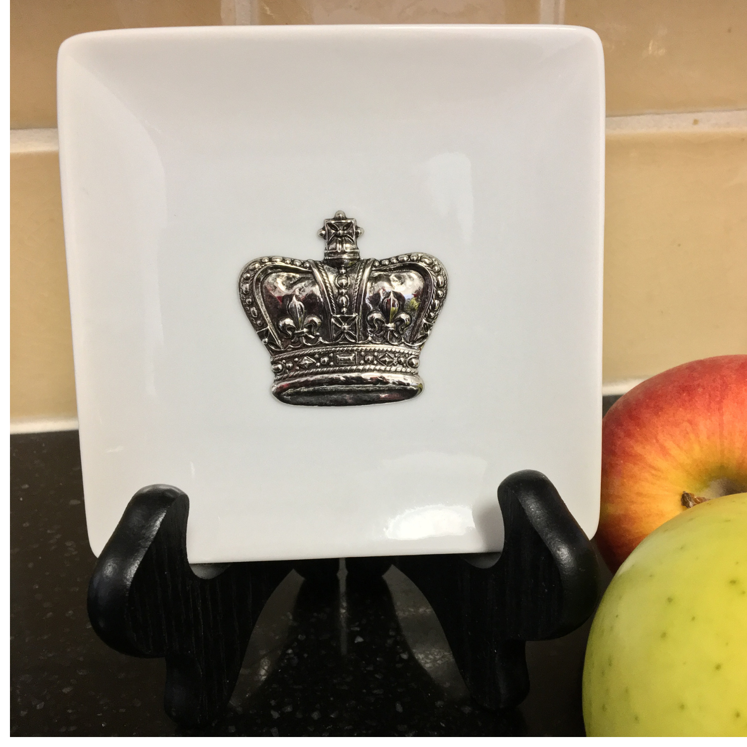 Trinket Tray, White Porcelain Dish, Large Silver Crown