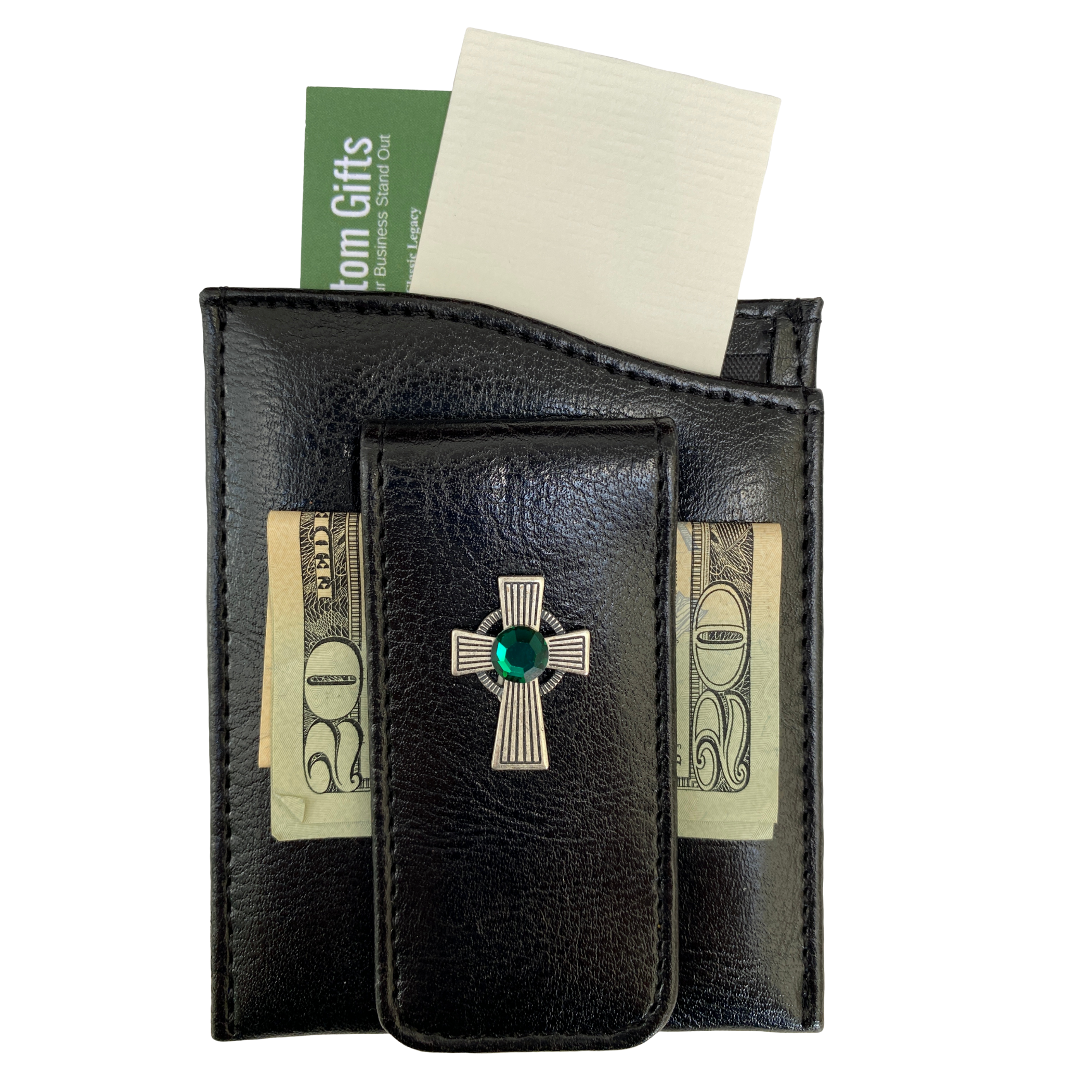 Money Clip, Irish Cross, Black Faux Leather