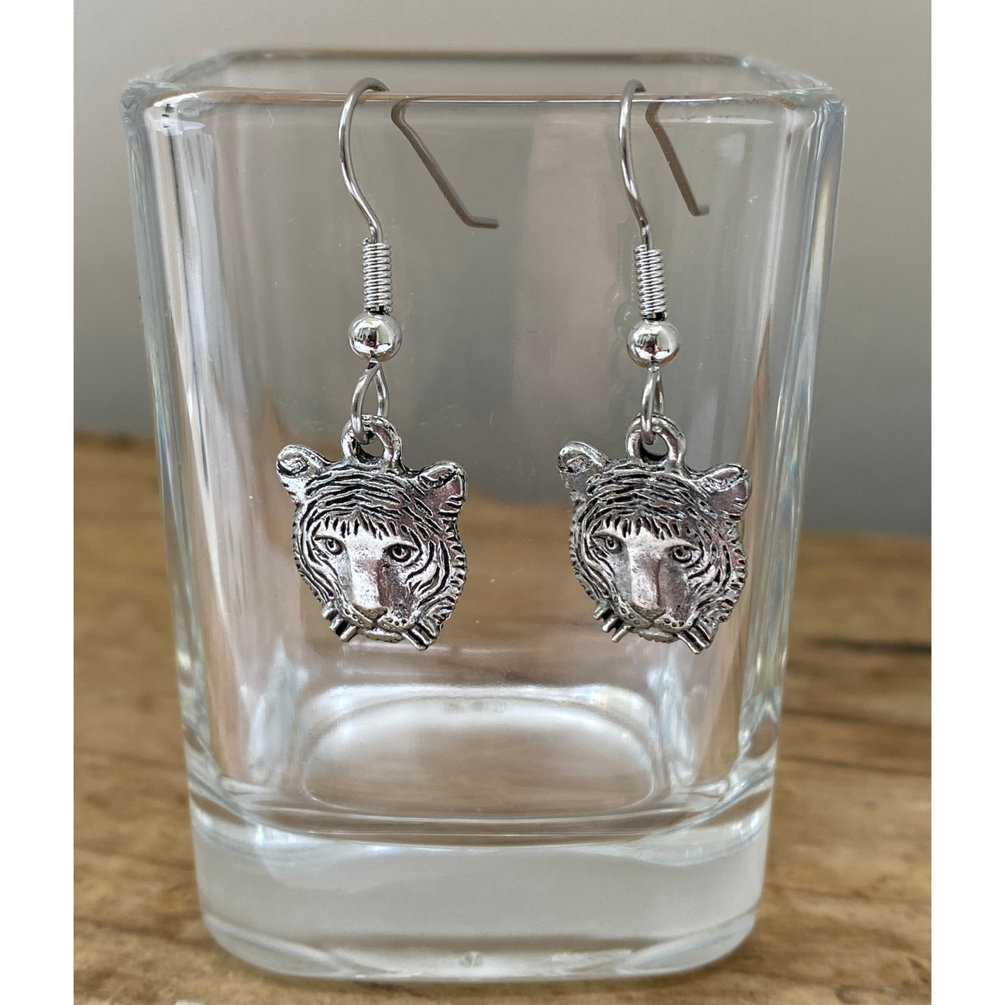 Silver Tiger Face Earrings, French Ear Wire