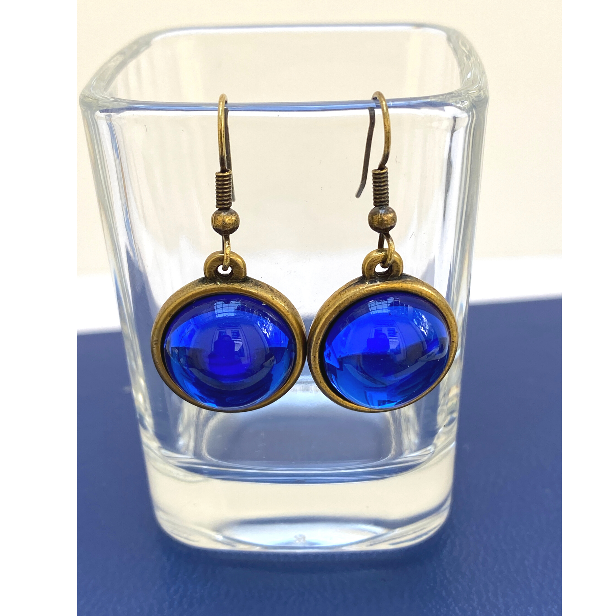 Earring, Iridescent cobalt blue, Antique Gold, French Ear Wire, Handmade in USA