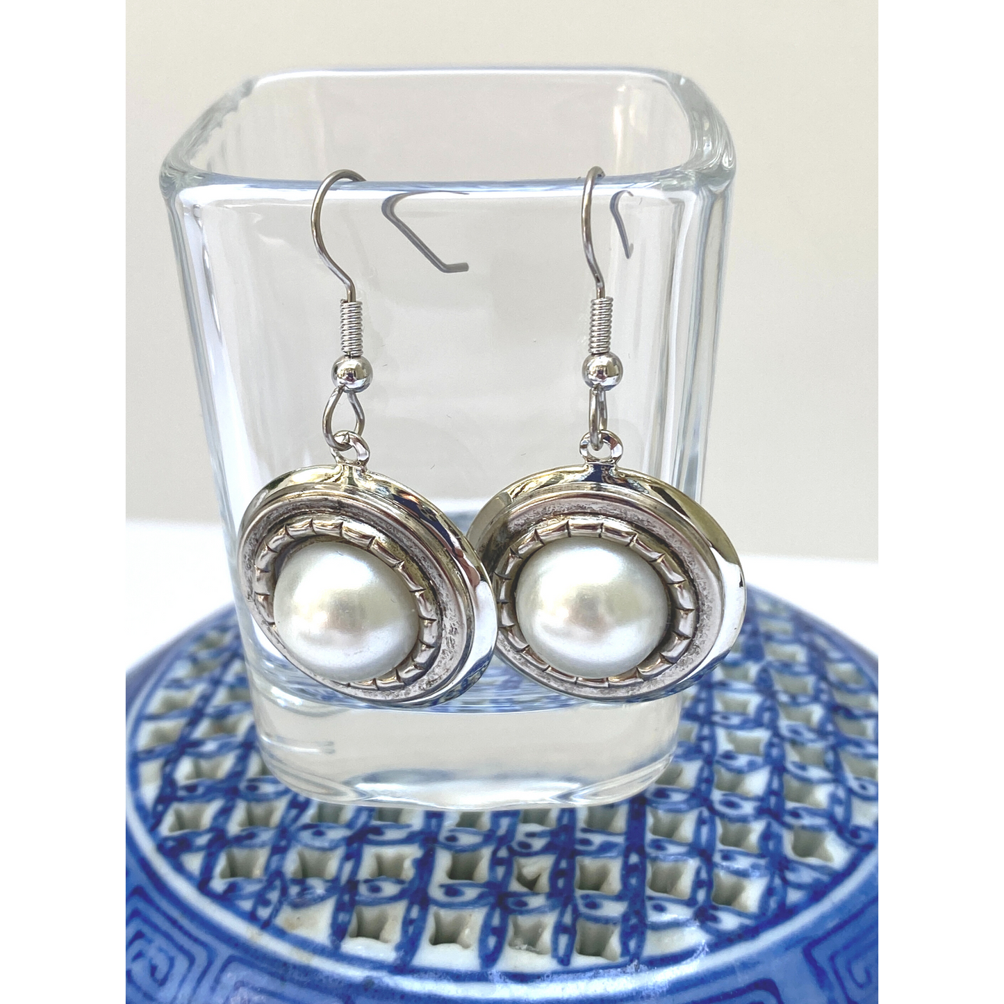 Earring Silver Round | Faux Pearl Setting | Art Nouveau Style