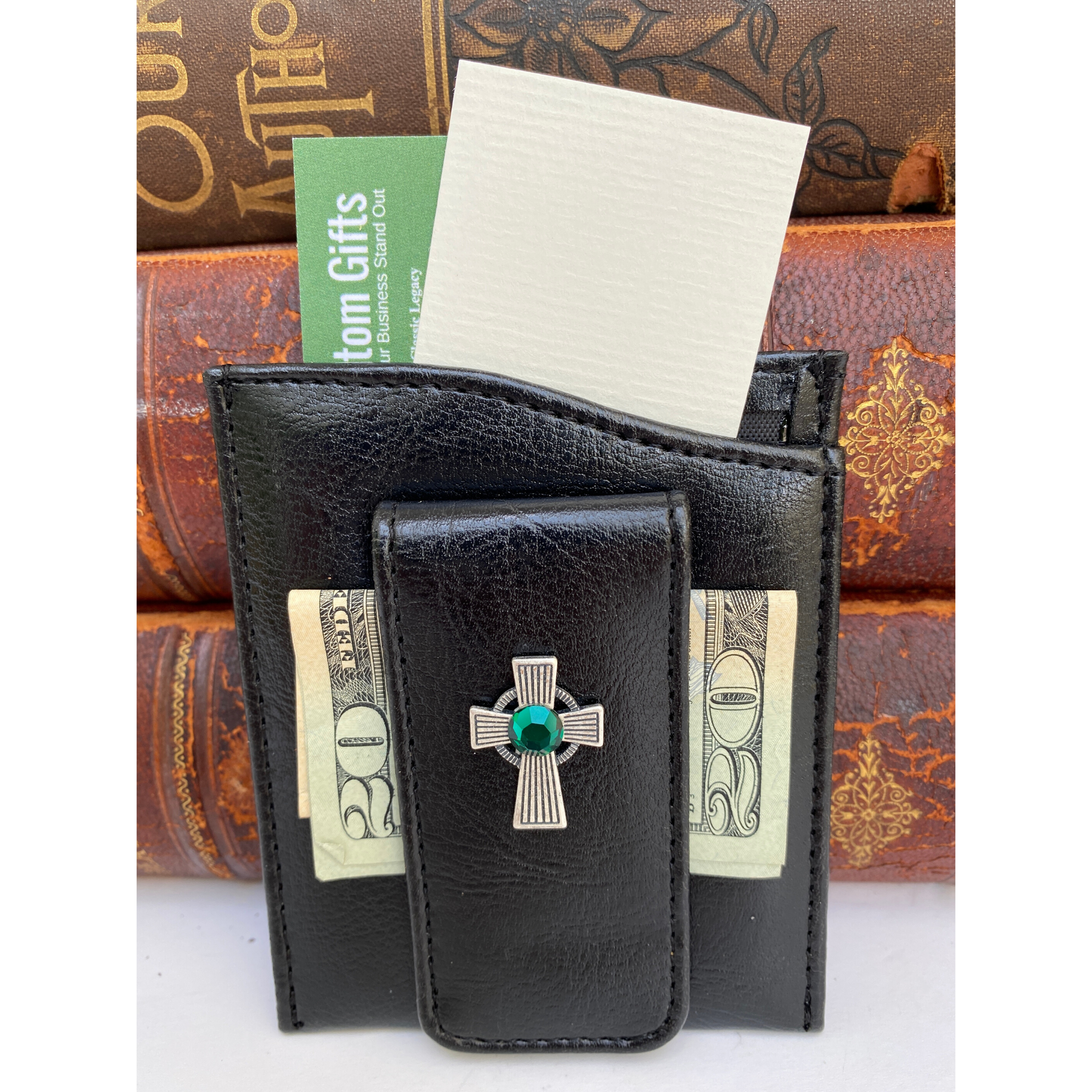 Money Clip, Irish Cross, Black Faux Leather