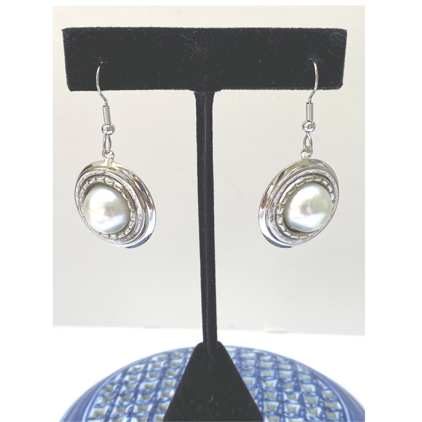 Earring Silver Round | Faux Pearl Setting | Art Nouveau Style