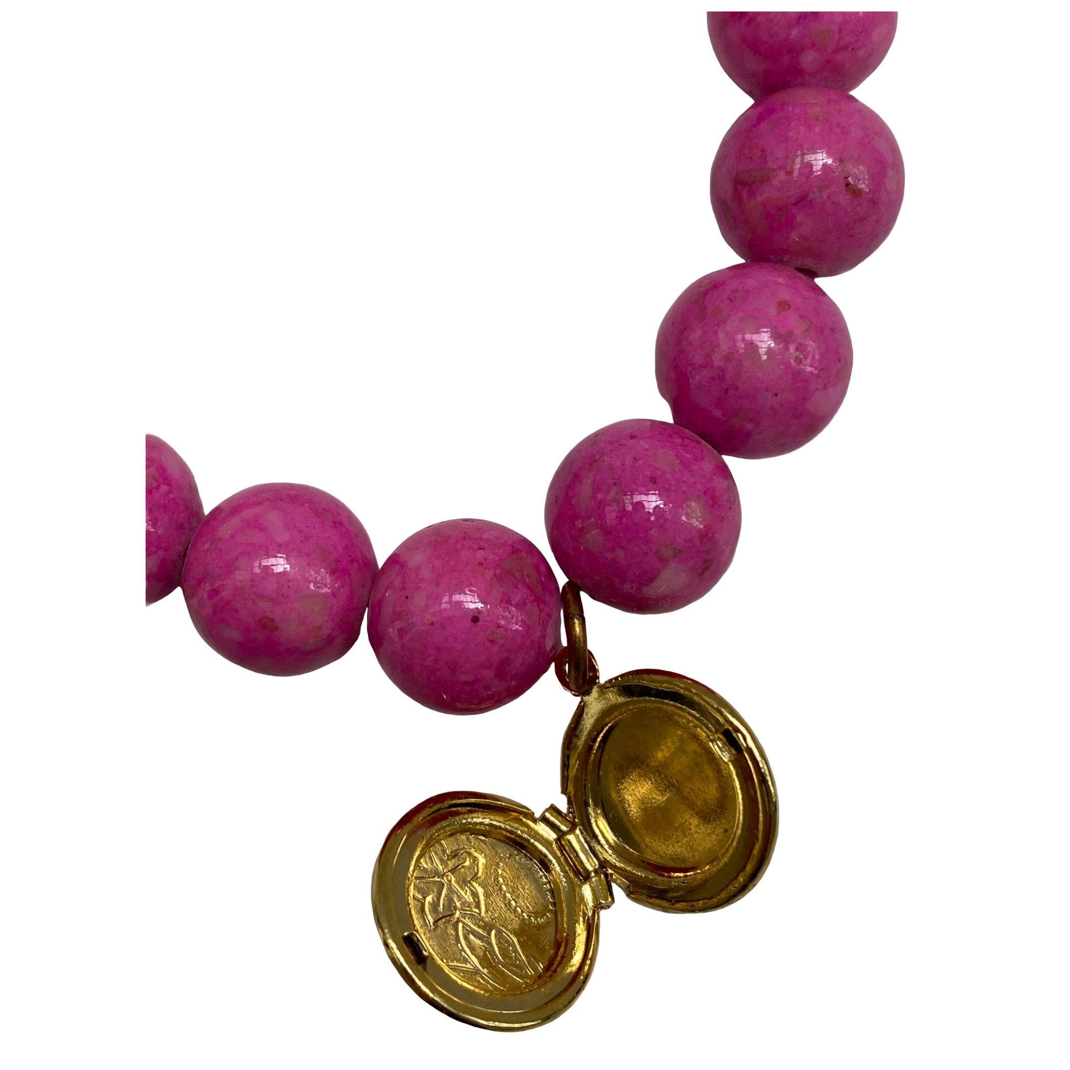 Pink Beaded Bracelet, Vintage Gold Round Locket Charm